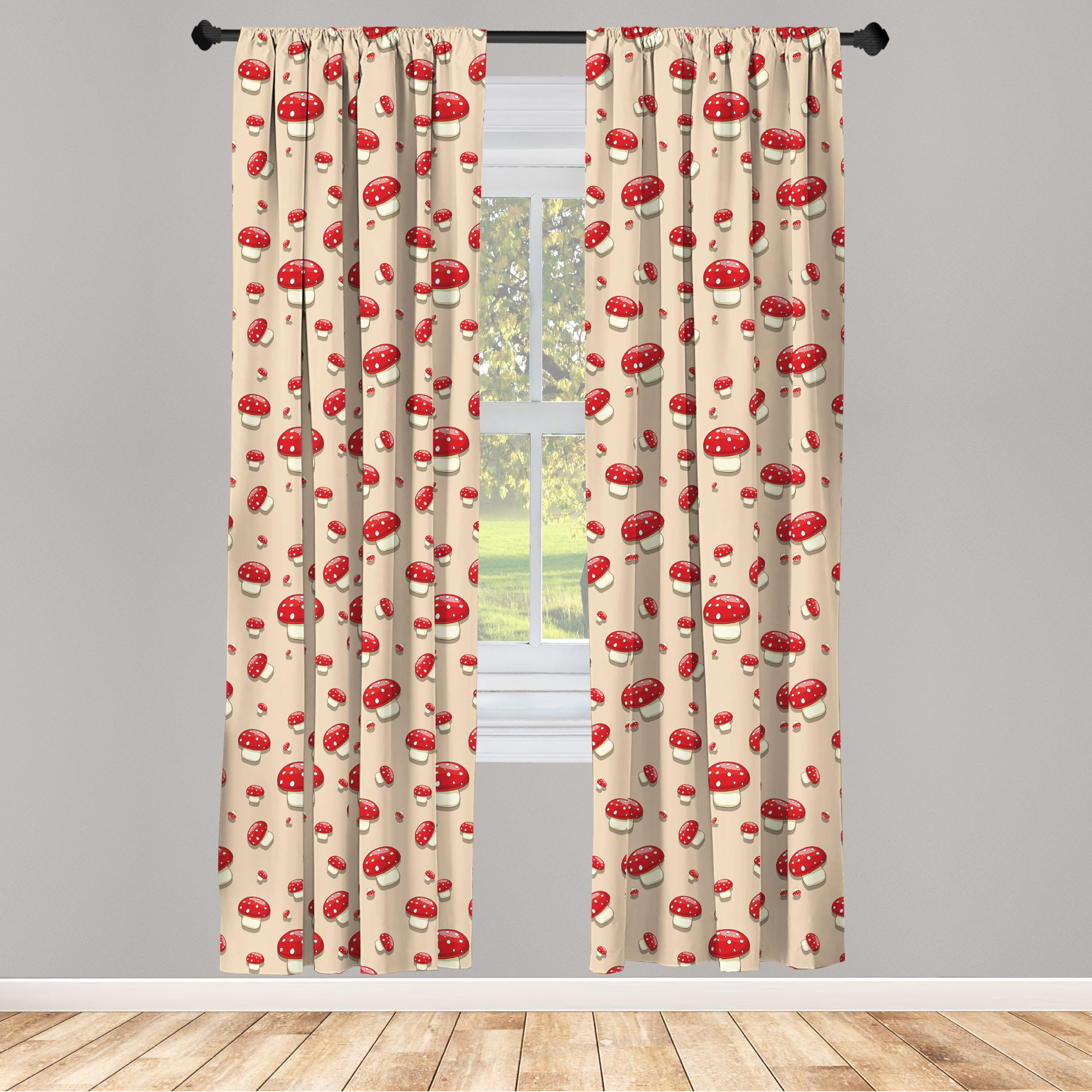 Ambesonne Mushroom Window Curtains Pack Of 2, Woodland Themed Illustration Of Spotted Toadstool Summer Season Forest Cartoon, Li