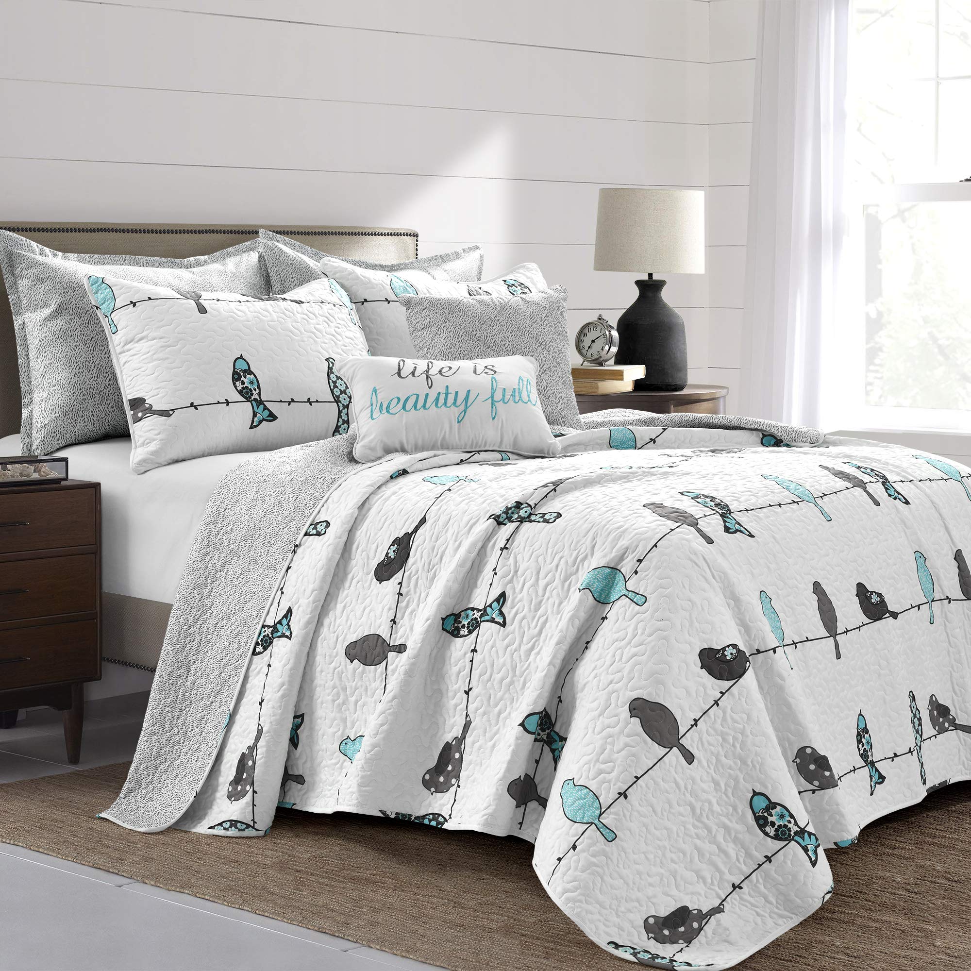 Lush Decor Rowley Birds Quilt Set, 7 Piece Set, King, Blue & Gray - Reversible Bird Bedding Set With Pillow Cases & Throw Pillow