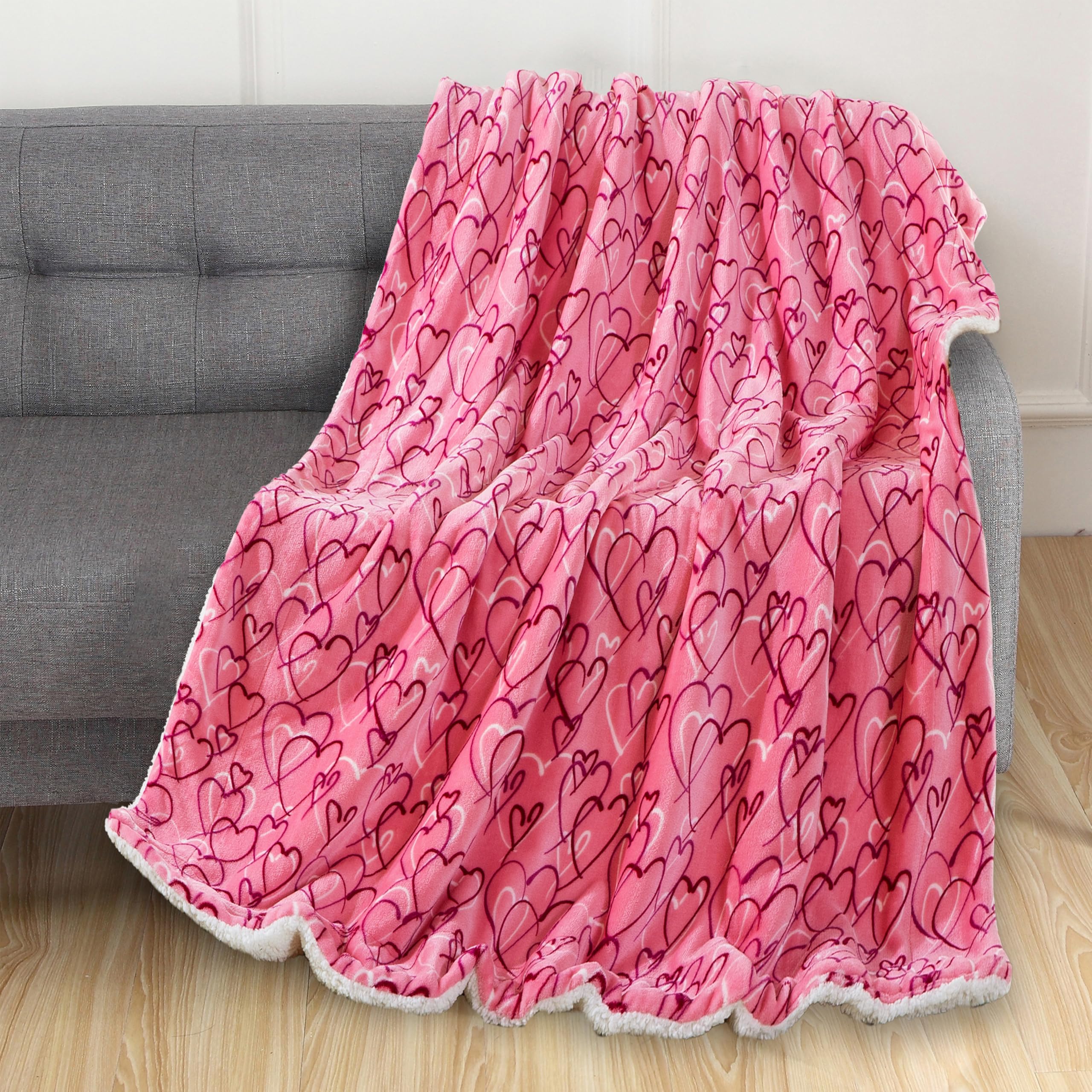Elegant Comfort Valentines Day Sherpa Fleece Throw Blanket for Couch - Soft and Warm Sherpa Backing Reversible Pink Hearts Flan