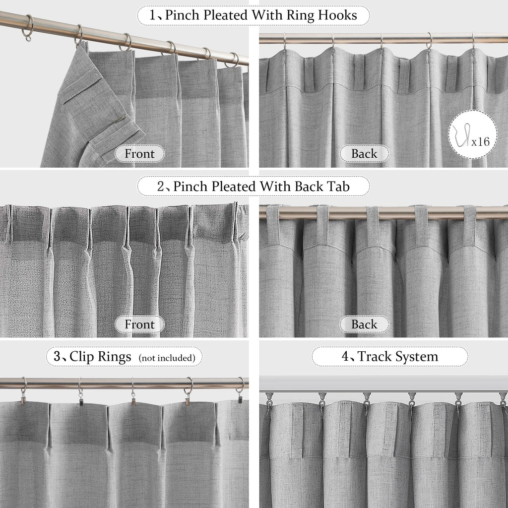 Fmfunctex Linen Pinch Pleated Curtains 96 Inches Long For Living Room, Dove Grey Semi Sheer Pleat Drapes For Bedroom With Hooks,