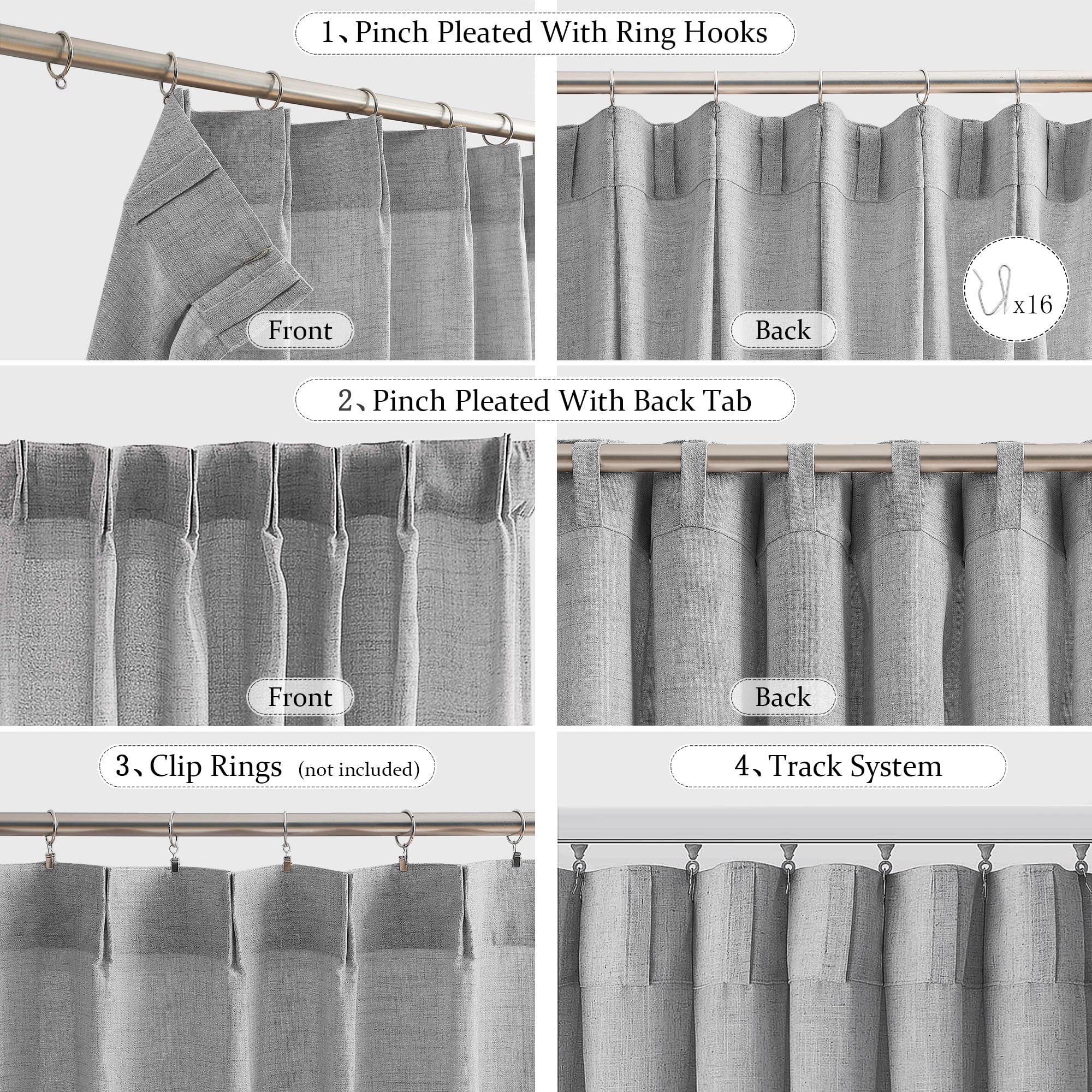 Fmfunctex Linen Pinch Pleated Curtains 96 Inches Long For Living Room, Dove Grey Semi Sheer Pleat Drapes For Bedroom With Hooks,