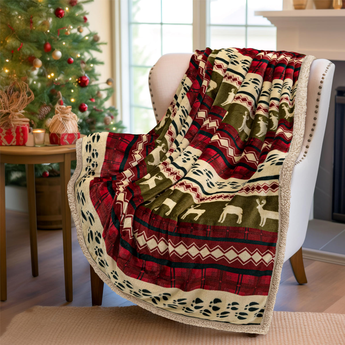 Pavilia Premium Christmas Blanket Sherpa Fleece Throw Twin| Plush Christmas Decoration, Reindeer, Cozy Reversible Winter Holiday