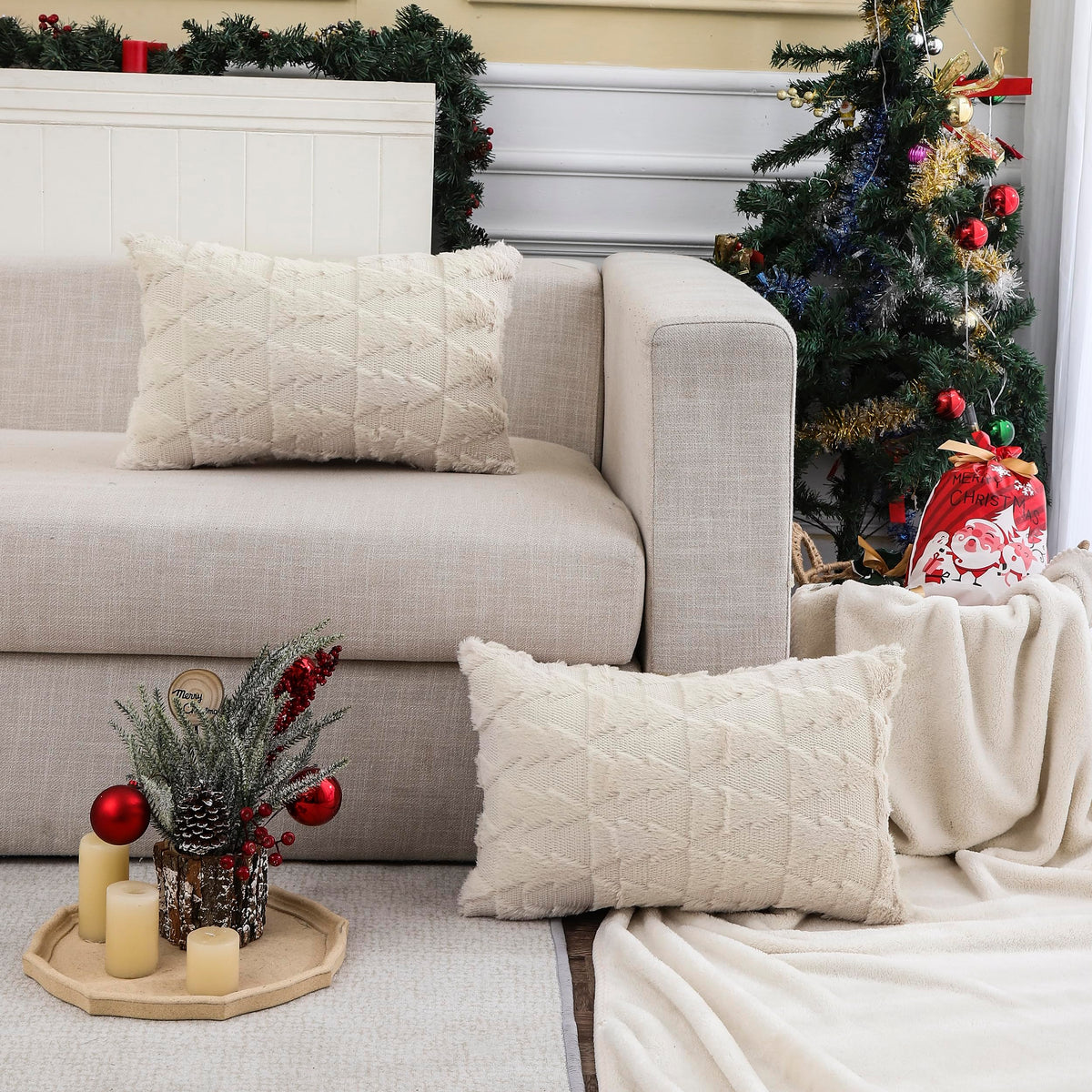 Tosleo Beige Christmas Throw Pillow Cover 12 X 20 Inch Set Of 2 Multiple Christmas Tree Pillow Case Soft Fur Fuzzy Cute Decor Pi