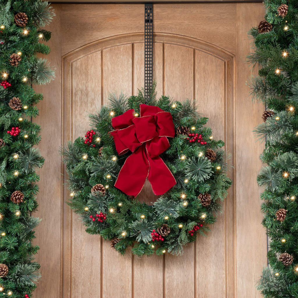 Haute Decor Hook & Lattice Metal Adjustable Length Over The Door Wreath Hanger, Matte Black (1 Pack) - Strong Unique Modern Desi