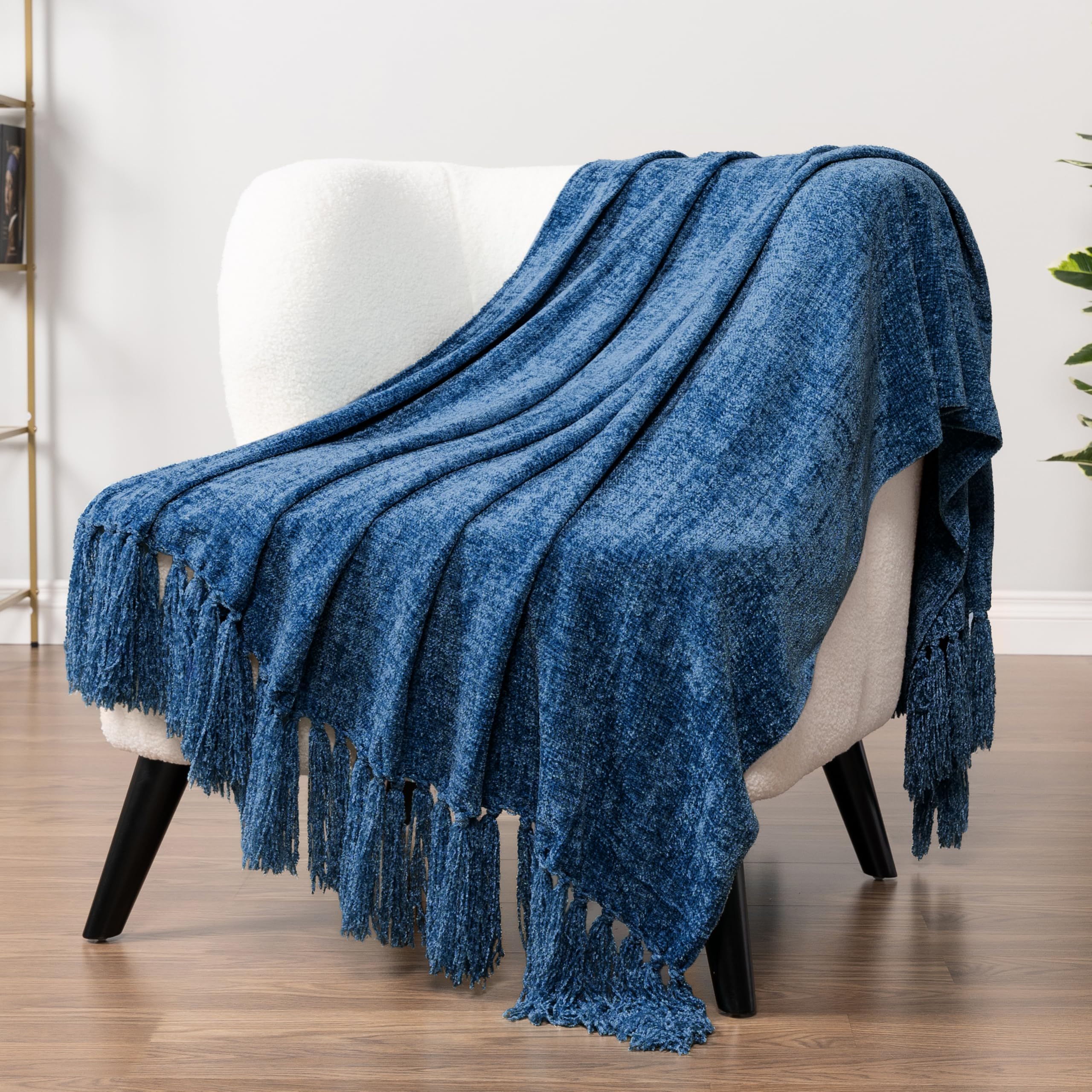 Pavilia Blue Throw Blanket For Couch, Chenille Blanket For Sofa Bed, Soft Knit Woven Blanket With Tassel, Decorative Blanket For