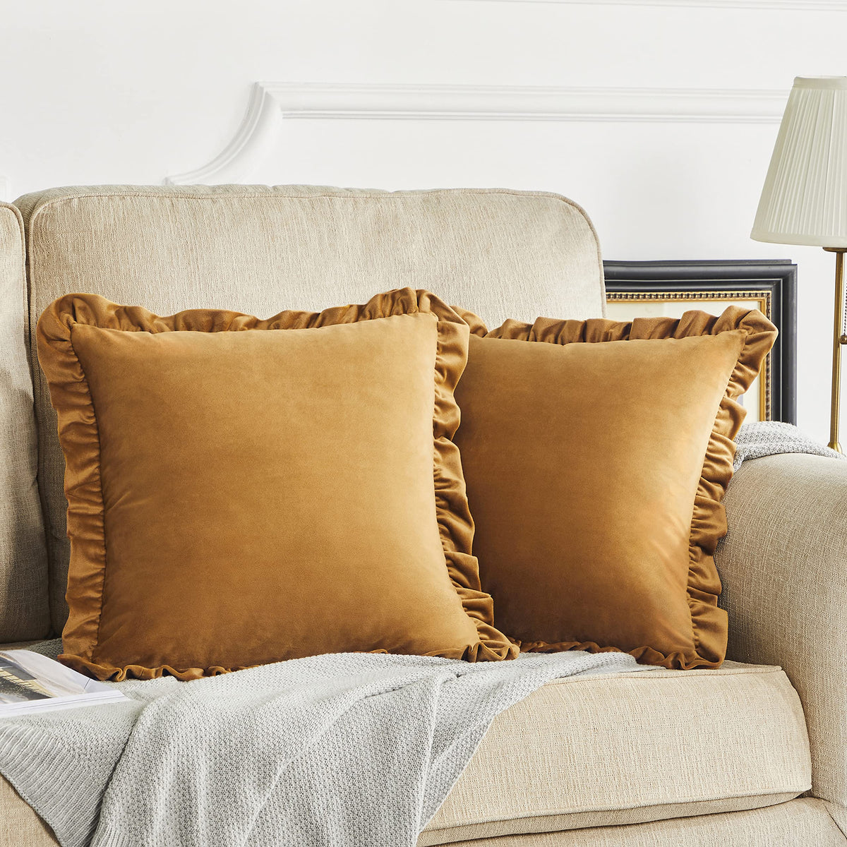 Gigizaza Pack Of 2 Dark Gold Throw Pillow Covers 20X20 Decorative Ruffle Velvet Cushion Cover For Couch Pillowcase