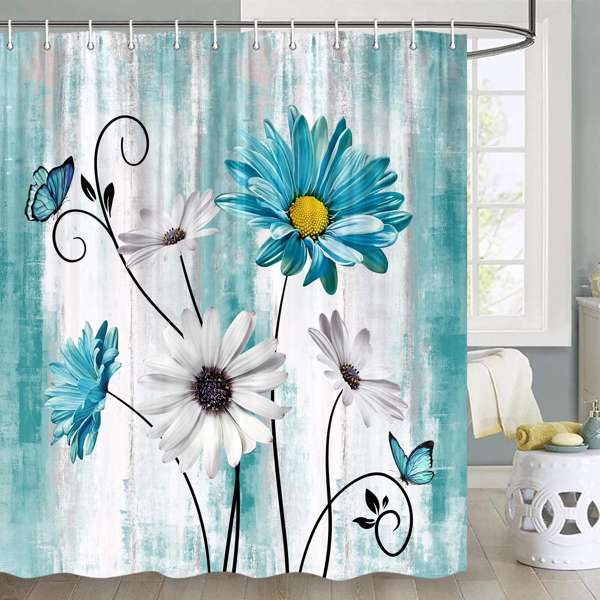 JAWO Rustic Farmhouse Floral Shower Curtain, Farm Teal Daisy Flowers Butterfly Shower Curtain Wooden Board Country Shower Curtai