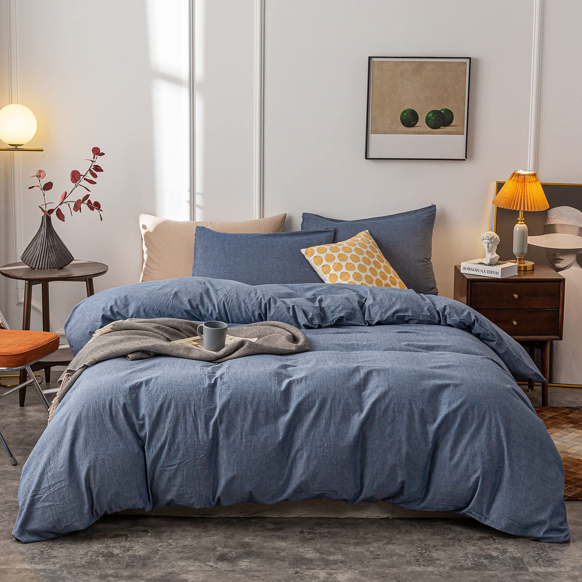 Janlive Washed Cotton Duvet Cover Full Ultra Soft 100% Cotton Solid Color Navy Blue Duvet Cover Set With Zipper Closure -3 Piece