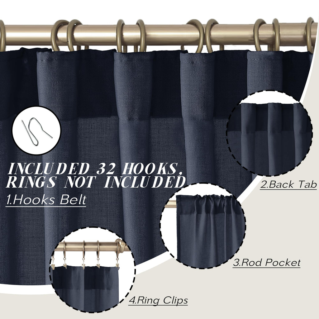 Panelsburg Navy Blue Linen Curtains 96 Inches Long, Farmhouse Semi Sheer Curtains & Drapes For Living Room, Boys Curtains For Be