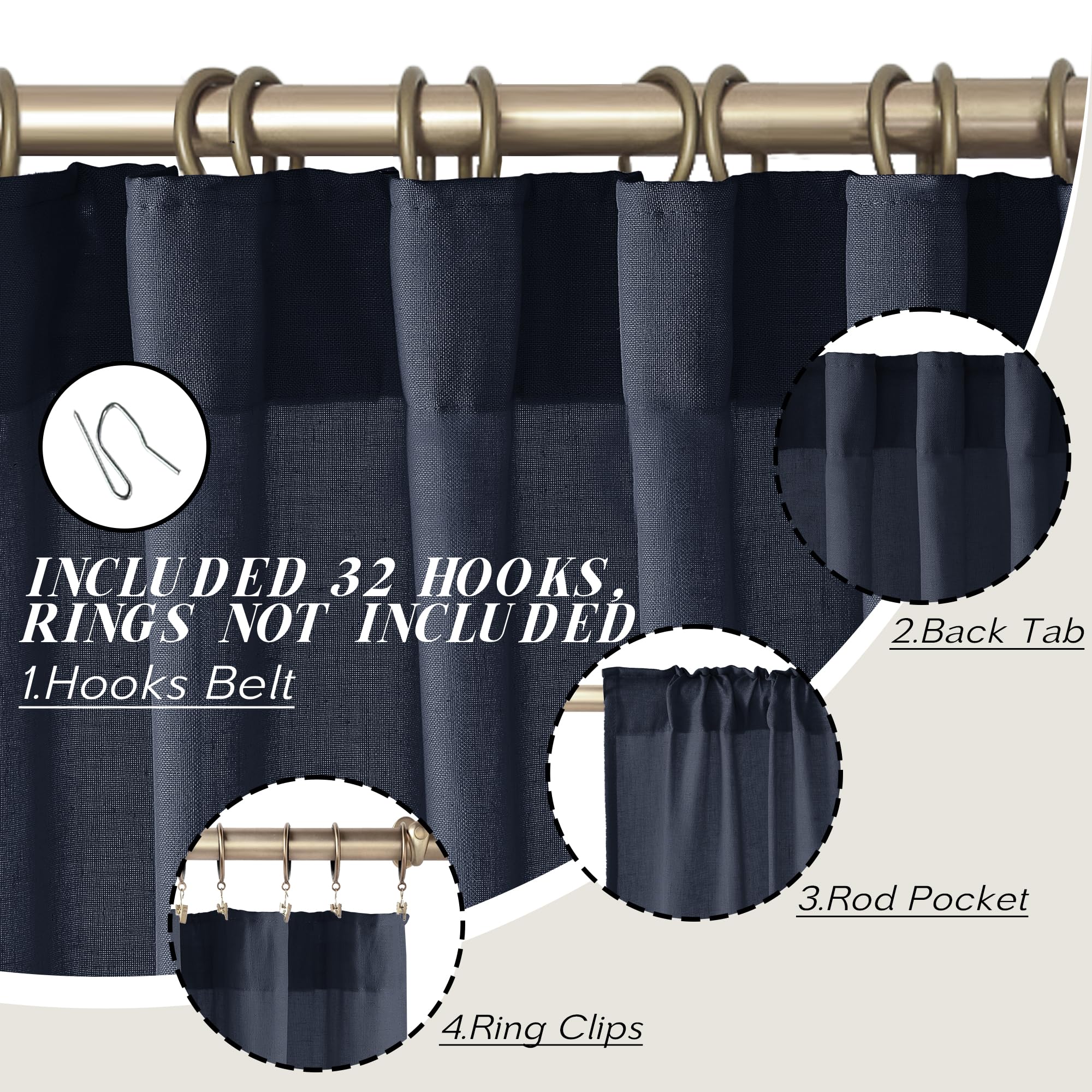 Panelsburg Navy Blue Linen Curtains 96 Inches Long, Farmhouse Semi Sheer Curtains & Drapes For Living Room, Boys Curtains For Be