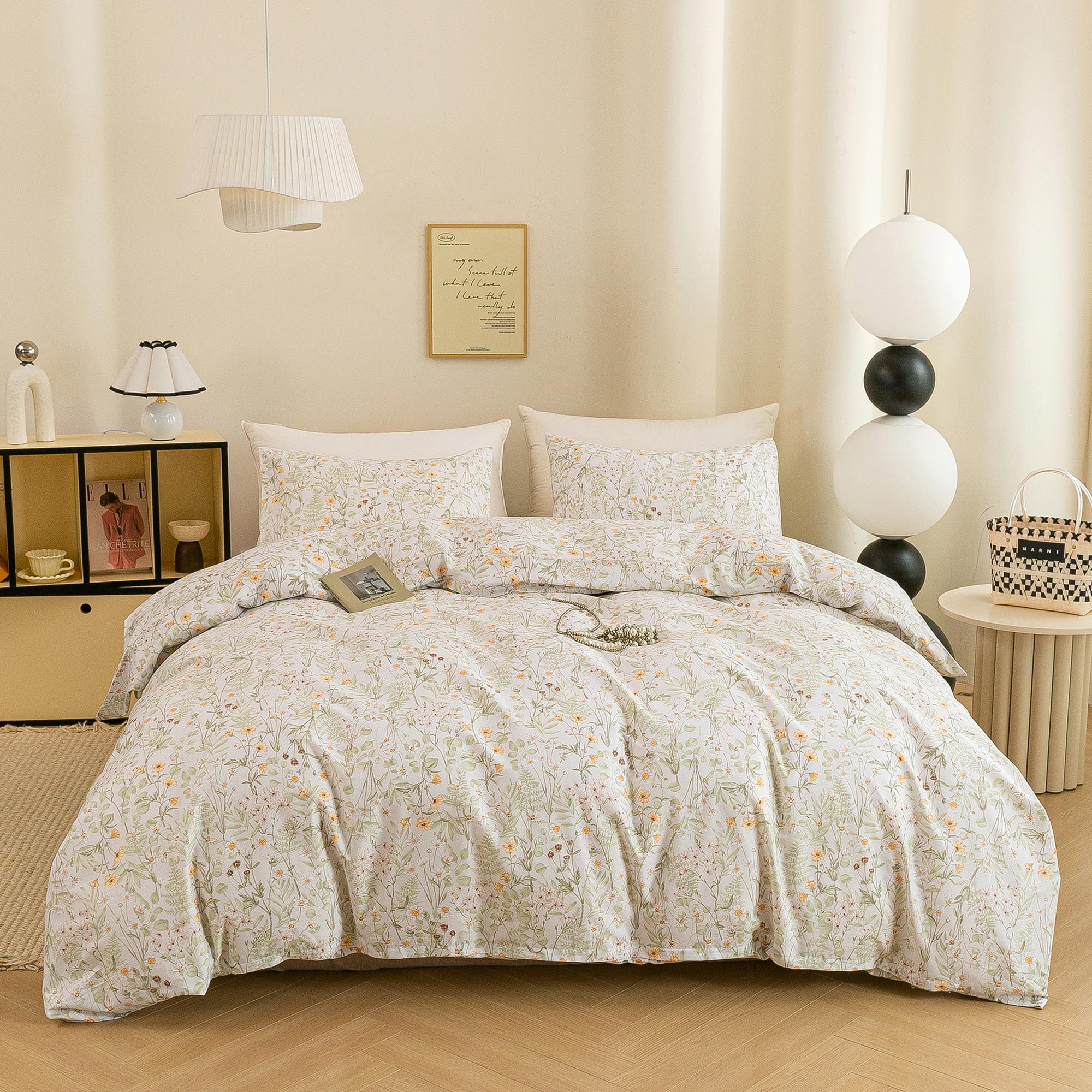 ECOCOTT Floral Duvet Cover King Size -100% Washed Cotton Chic Cute Floral Pattern Bedding Set, Fresh Garden Botanical Comforter 