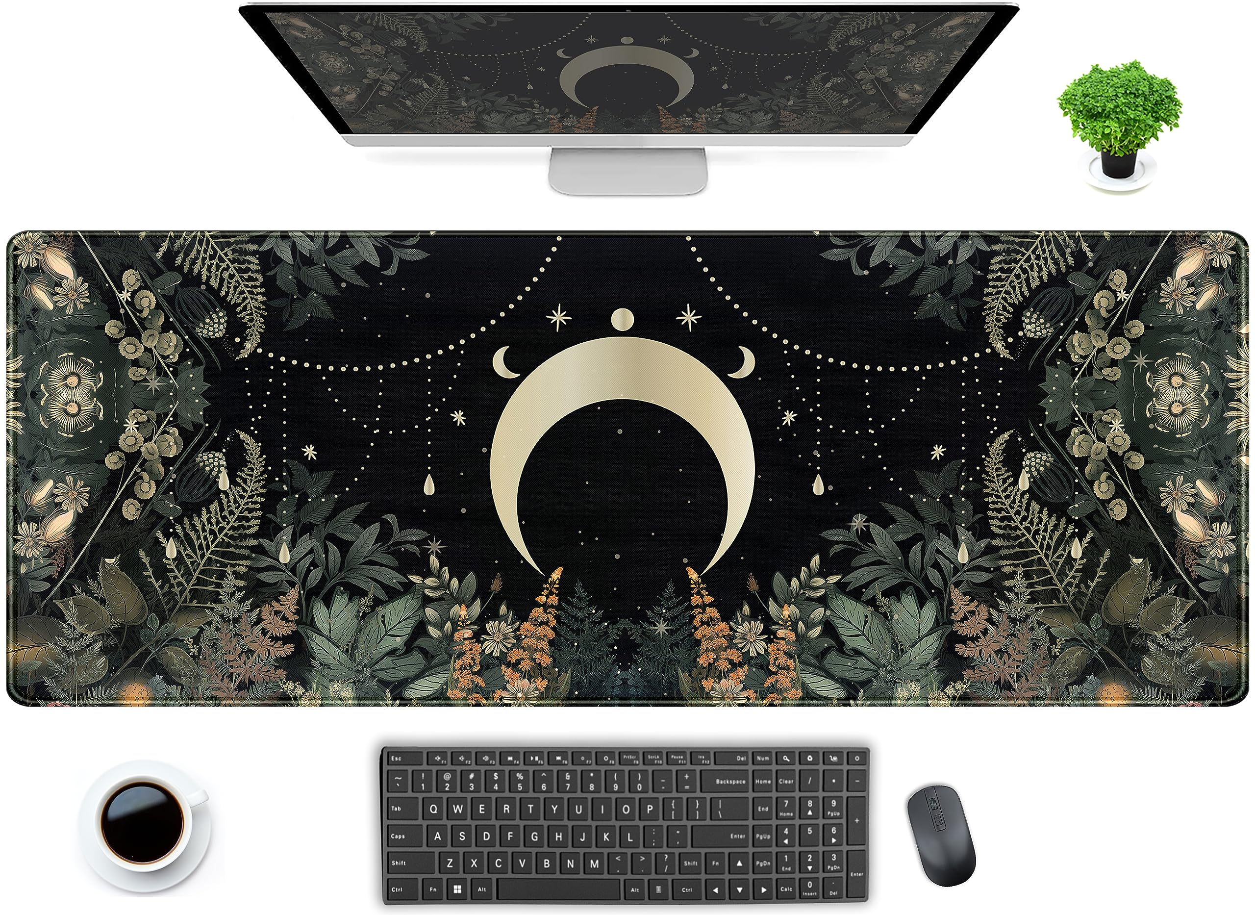 Cute Green Forest Leaves Desk Mat Whimsical Moon Mousepad Xl Large Extended Gaming Mouse Pad With Stitched Edges, Computer Lapto