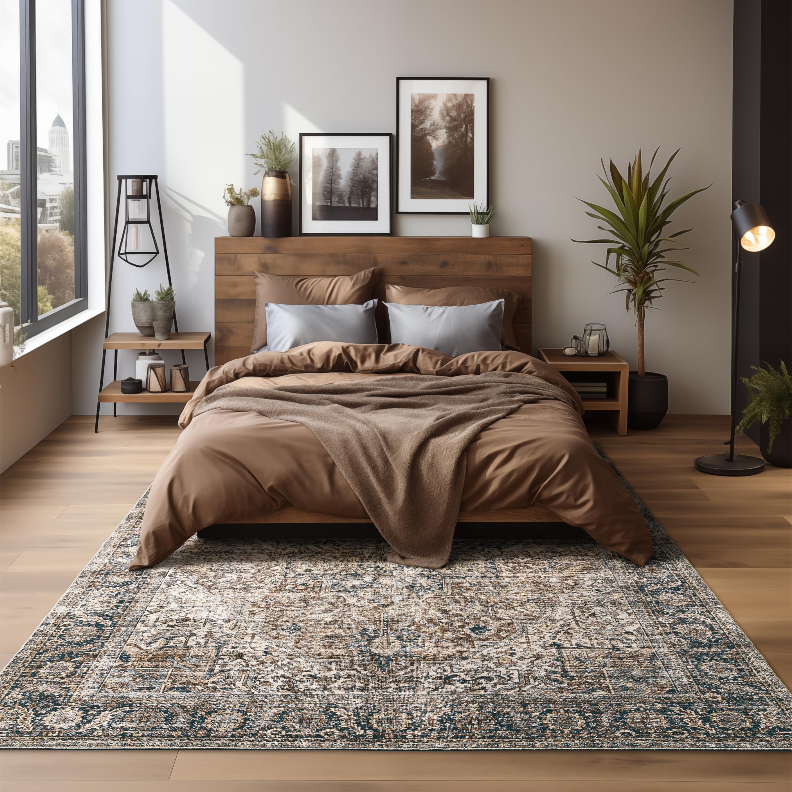 Bileehome Dining Room Rugs For Under Table Washable Country Vintage Area Rug For Living Room 6X9,Chocolate Brown