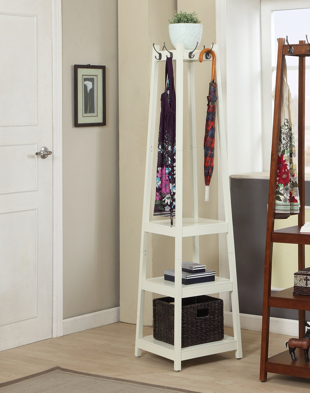 Roundhill Furniture Vassen Coat Rack with 3-Tier Storage Shelves, white Finish