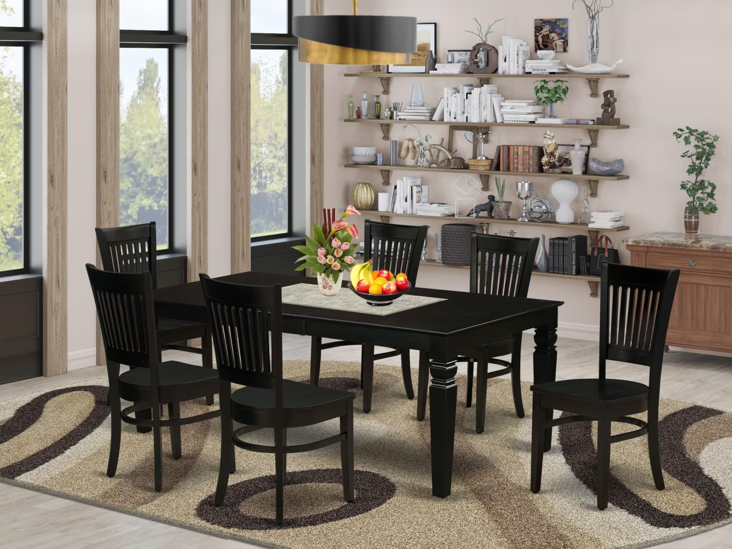 East West Furniture Lgva7-Blk-W 7 Piece Kitchen Table & Chairs Set Consist Of A Rectangle Dining Room Table With Butterfly Leaf And 6 Dining Chairs, 42X84 Inch, Black