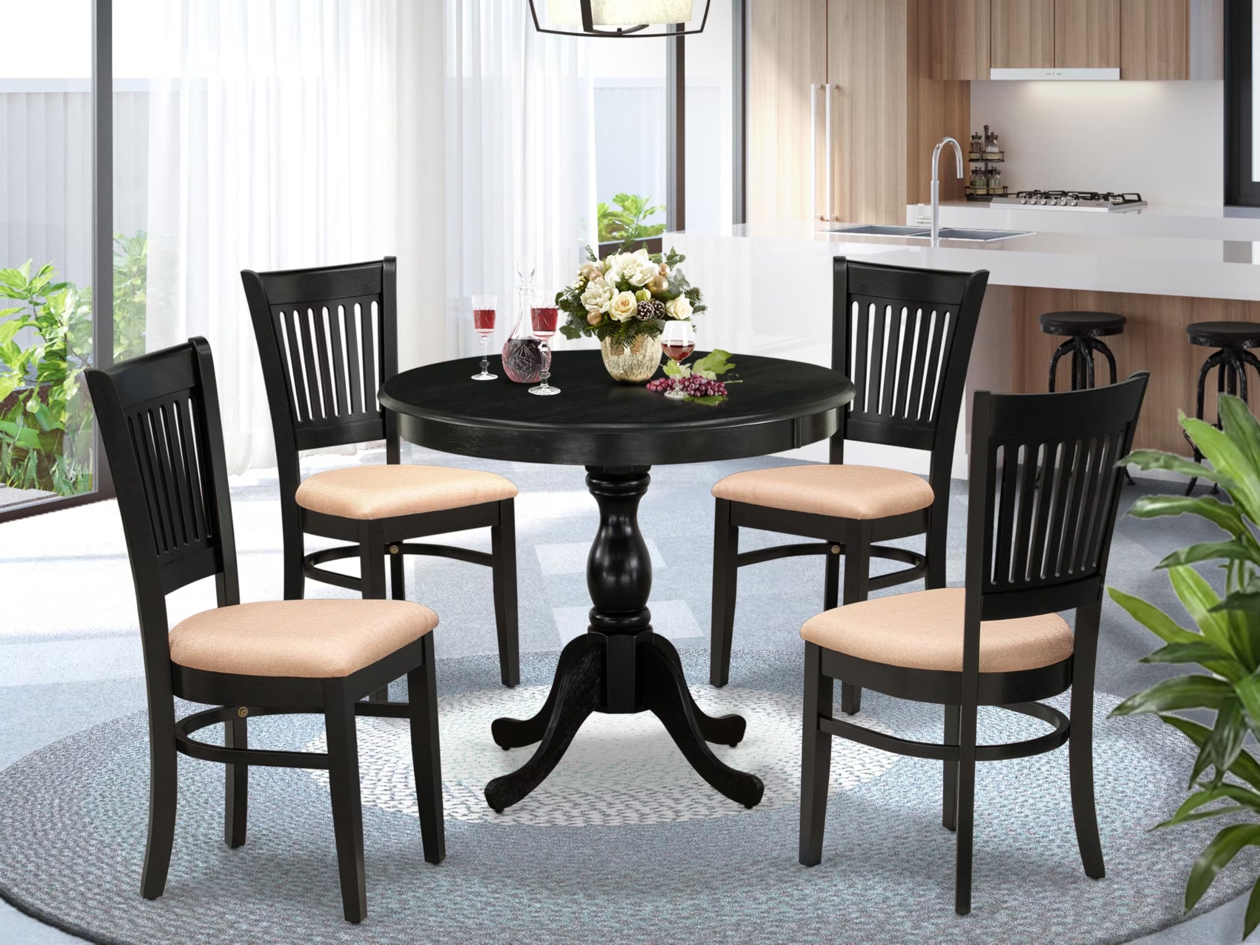 East West Furniture Amva5-Blk-C 5 Piece Dining Set Includes A Round Kitchen Table With Pedestal And 4 Linen Fabric Upholstered Dining Chairs, 36X36 Inch, Black
