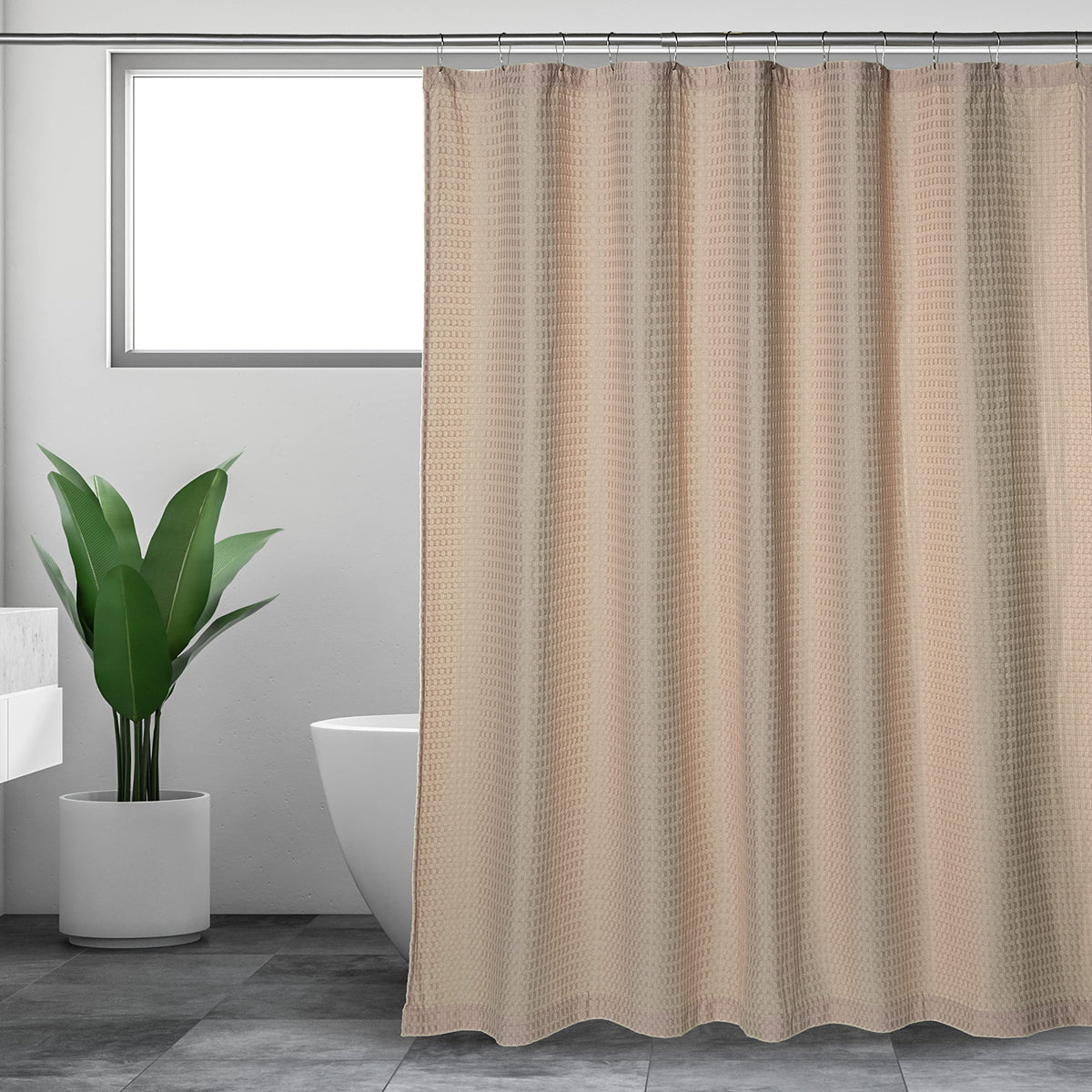 Fabric Shower Curtains For Bathroom, Tan Waffle Weave, 72X72 In, Farmhouse Boho Shower Curtains, Cotton Polyester Blend