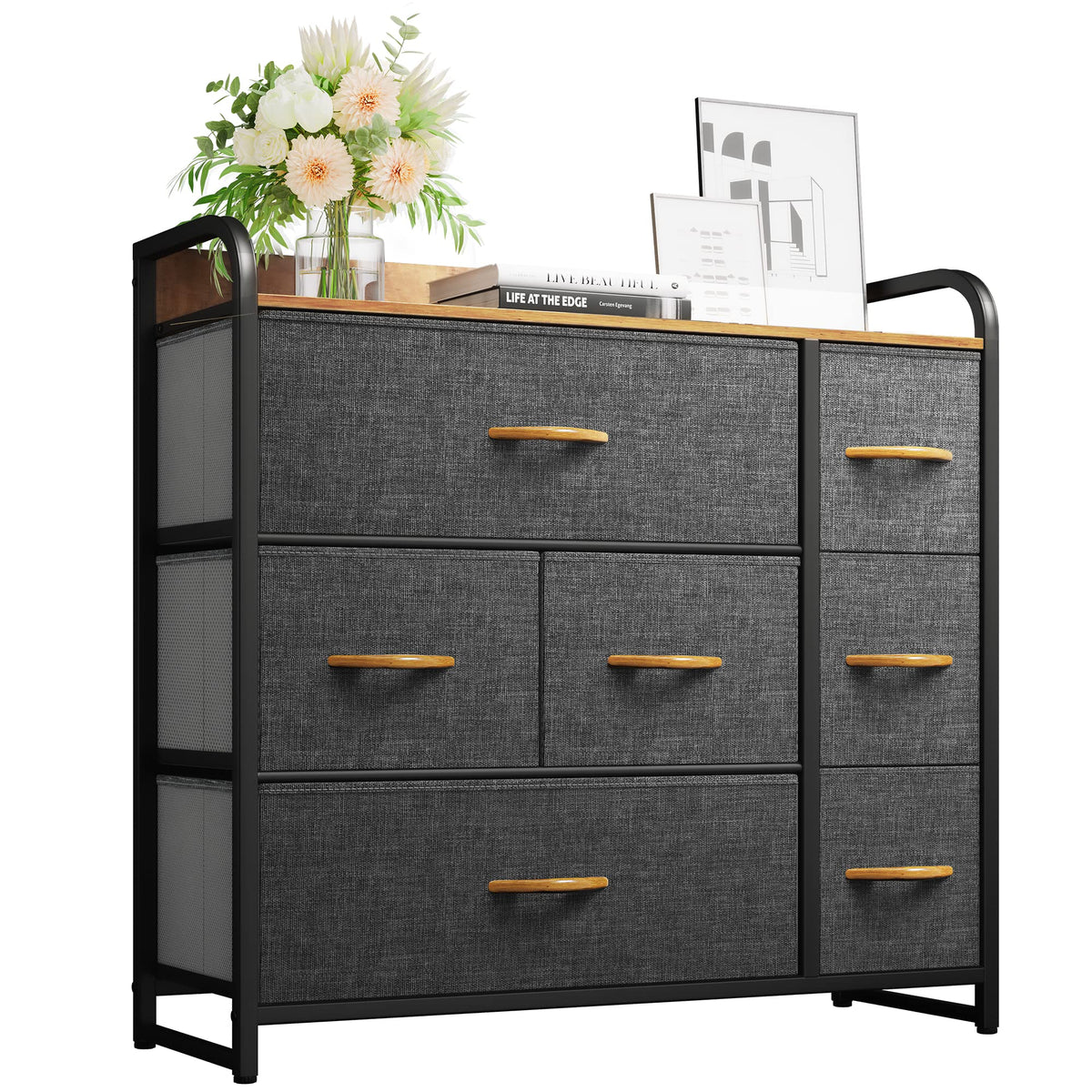 Yitahome Dresser With 7 Drawers Storage Tower, Organizer Unit For Bedroom, Living Room, Hallway, Closets & Sturdy Steel Frame, Wooden Top & Easy Pull Fabric Bins, Grey