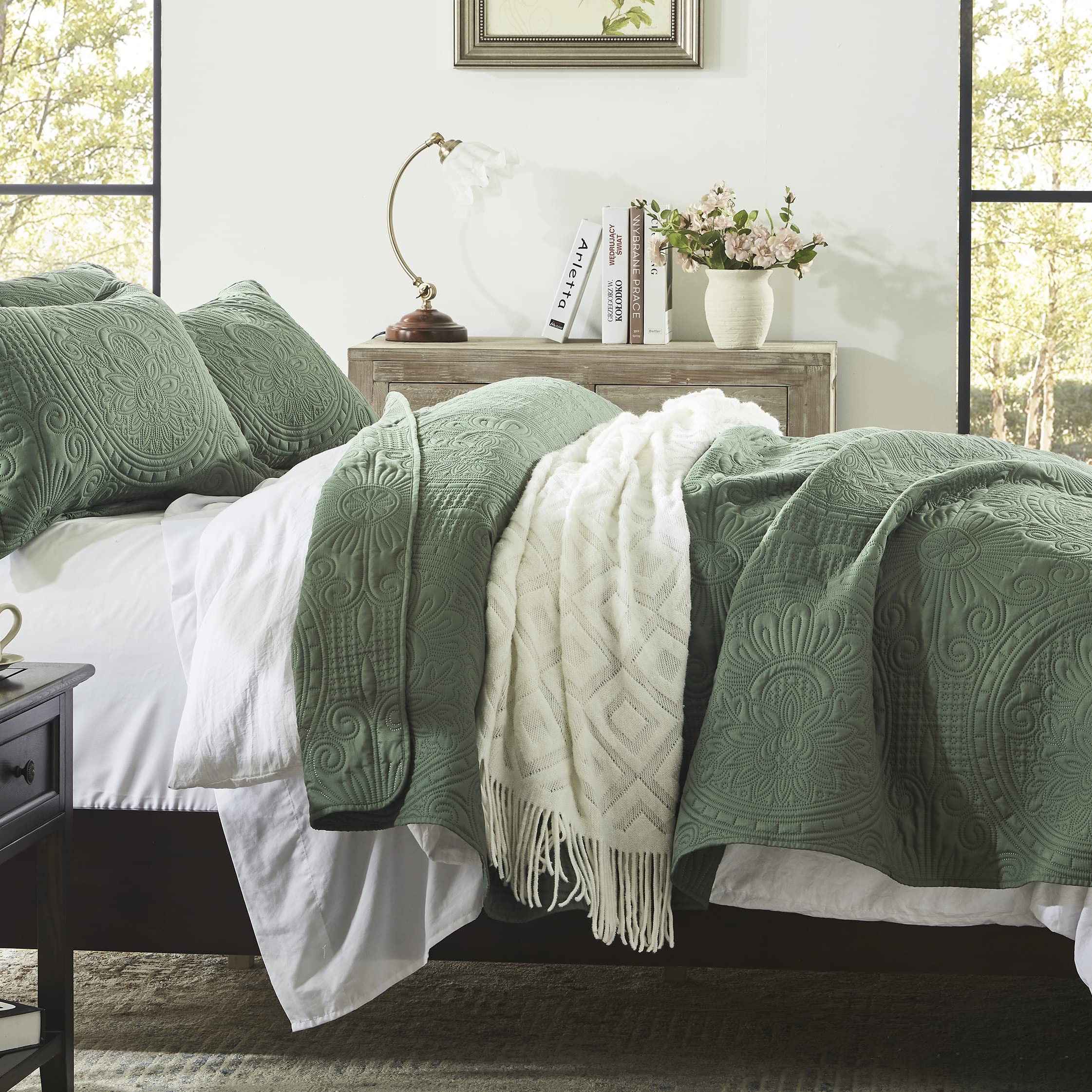 Anluoer Quilt Queen Size Bedding Set-Olive Green Embossed, Bedspreads-Lightweight Summer Soft Microfiber Bedspread, Bed Coverlet