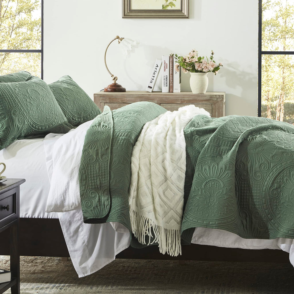 Anluoer Quilt Queen Size Bedding Set-Olive Green Embossed, Bedspreads-Lightweight Summer Soft Microfiber Bedspread, Bed Coverlet