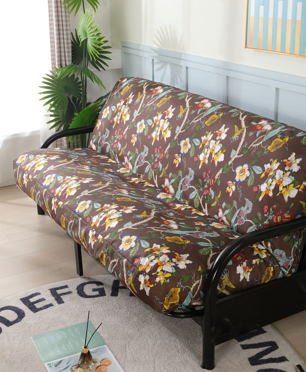 Octorose Full Size 3 Side Zipper Linen Brown Birds Printing Futon Cover Slipcover Sofa Day Bed Couch Mattress Cover Protector (C