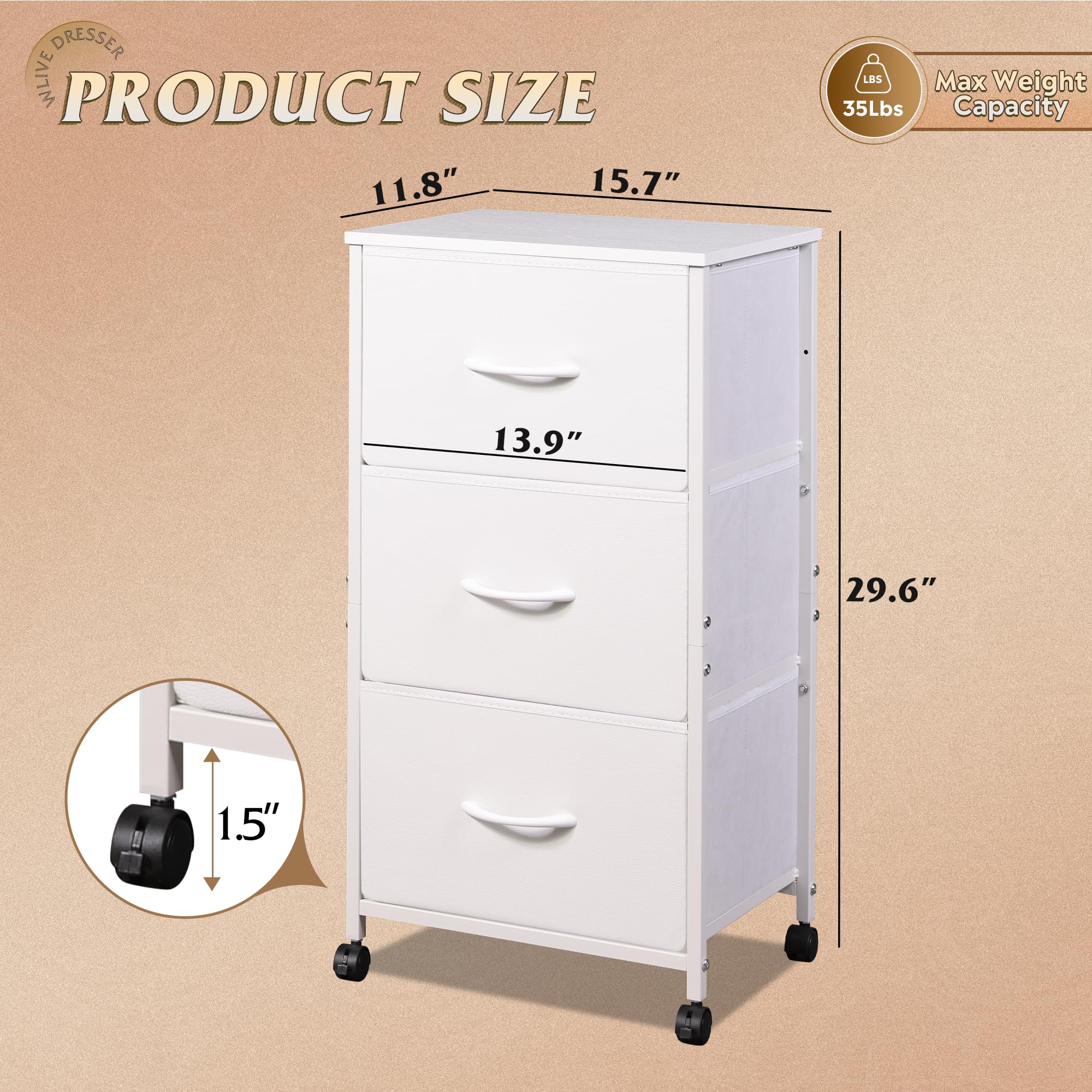 Wlive Dresser With 3 Drawers, Fabric Nightstand, Cabinet With Wheels, Organizer Storage Dresser For Bedroom, Office, Entryway, Closets, Sturdy Steel Frame, Wood Top, Easy Pull Handle, White