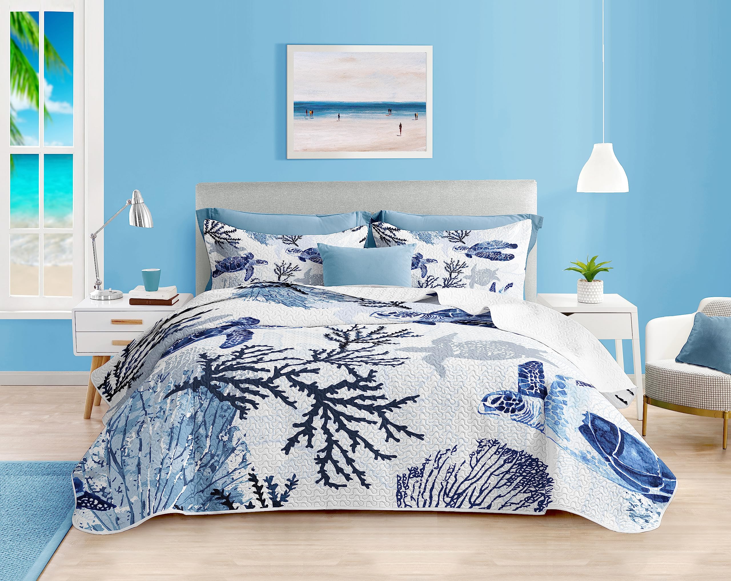 Coastal Bedding Queen Size Coastal Quilt With 2 Shams, Nautical Bedding Beach Comforter Sets Ocean Bedspreads Blue Seaturtle Cov