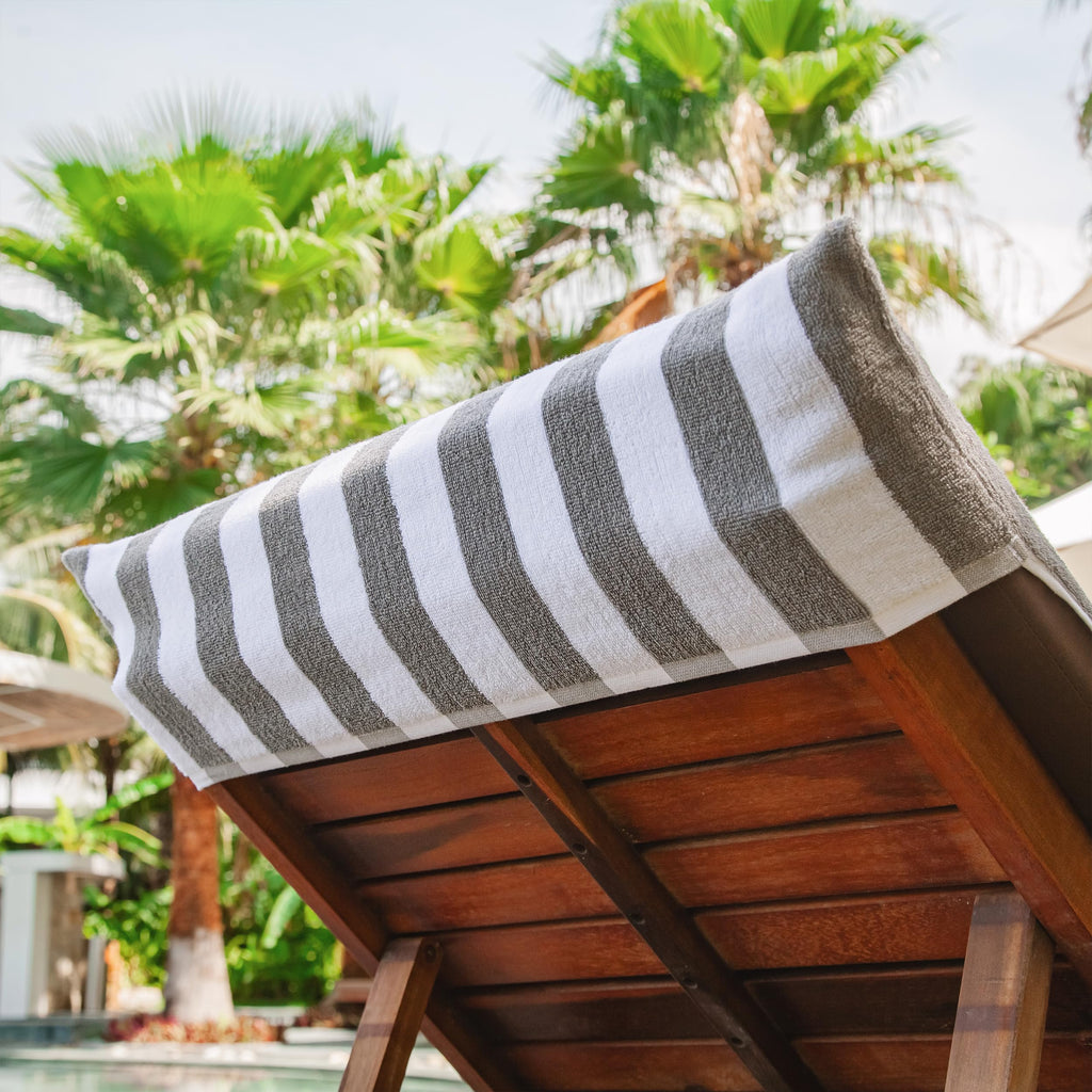 Arkwright California Chaise Lounge Cover - Case Of 12 - Striped Soft Cotton Cabana Towel With Pocket Holder For Beach Pool Outdoor Chair, 30 X 85 In., Grey