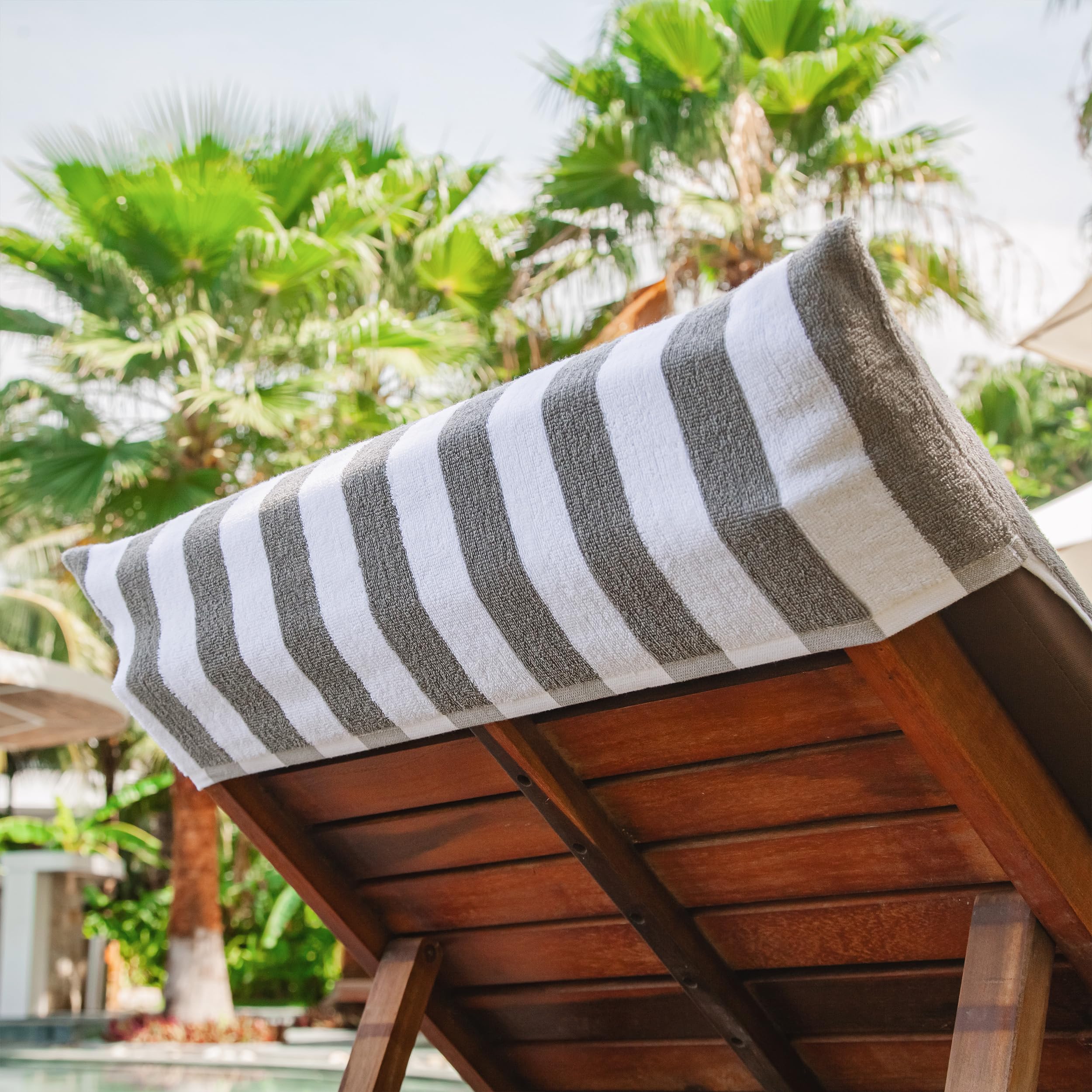 Arkwright California Chaise Lounge Cover - Case Of 12 - Striped Soft Cotton Cabana Towel With Pocket Holder For Beach Pool Outdoor Chair, 30 X 85 In., Grey