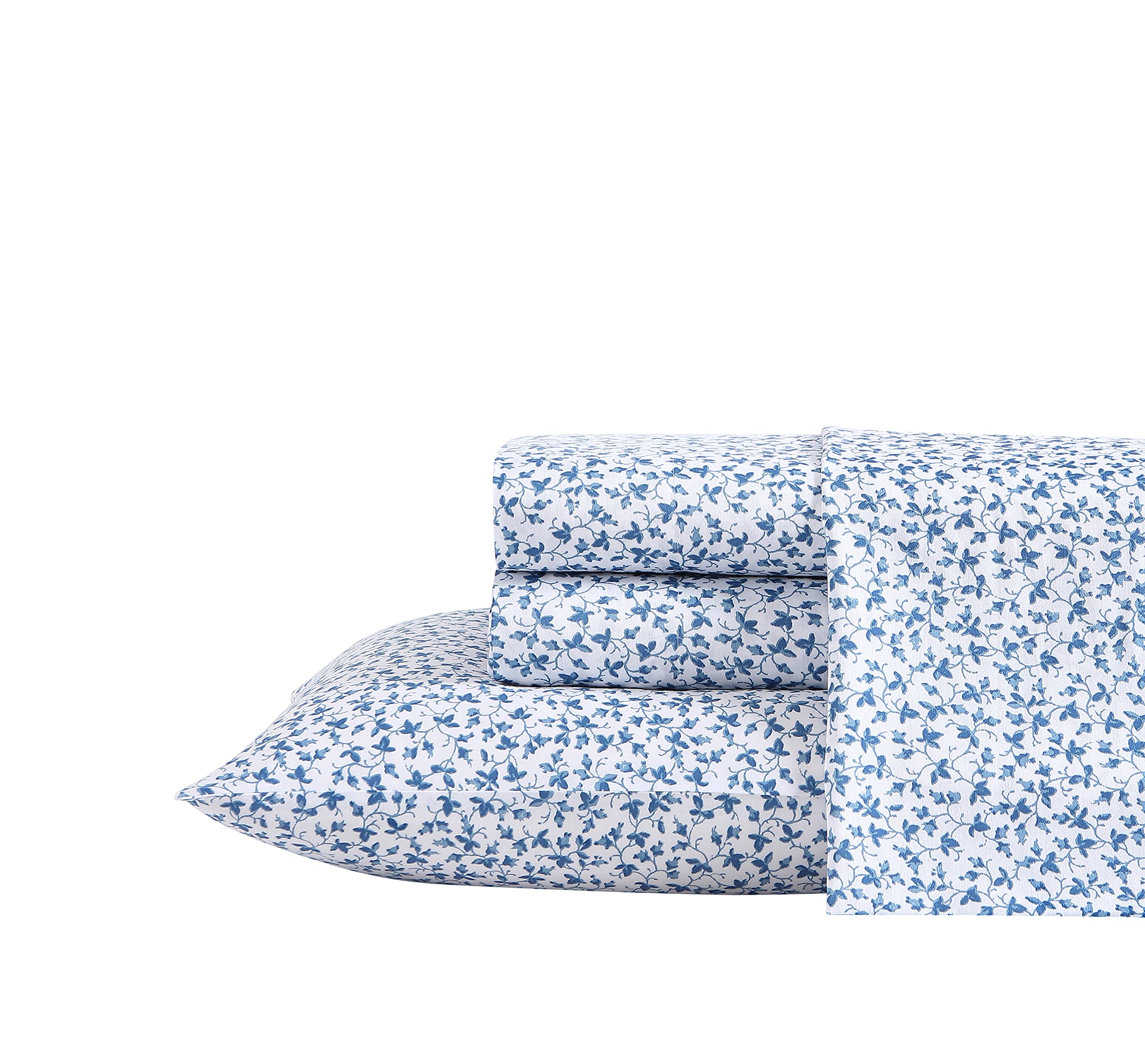 Laura Ashley Home - Queen Sheets, Soft Sateen Cotton Bedding Set - Sleek, Smooth, & Breathable Home Decor (Lavange Vine Indigo,4