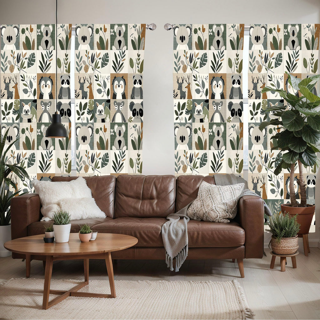 Ambesonne Animals Window Curtains Pack Of 2, Cartoon Woodland Art With Exotic Leaves Koala And Deer Pattern Checkered, Lightweig