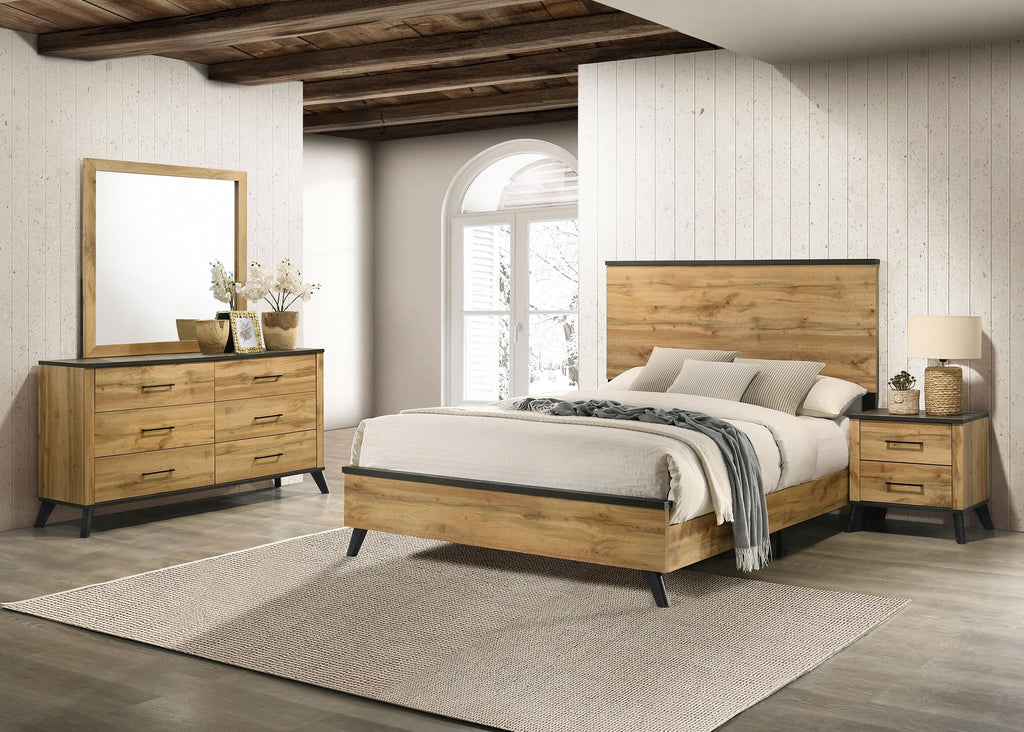 Coaster Home Furnishings Kaywood Mid-Century Modern 4-Piece Bedroom Set Eastern King Size Panel Bed Frame 52-inch Headboard Weathered Brown and Natural Pine 225001KE-S4