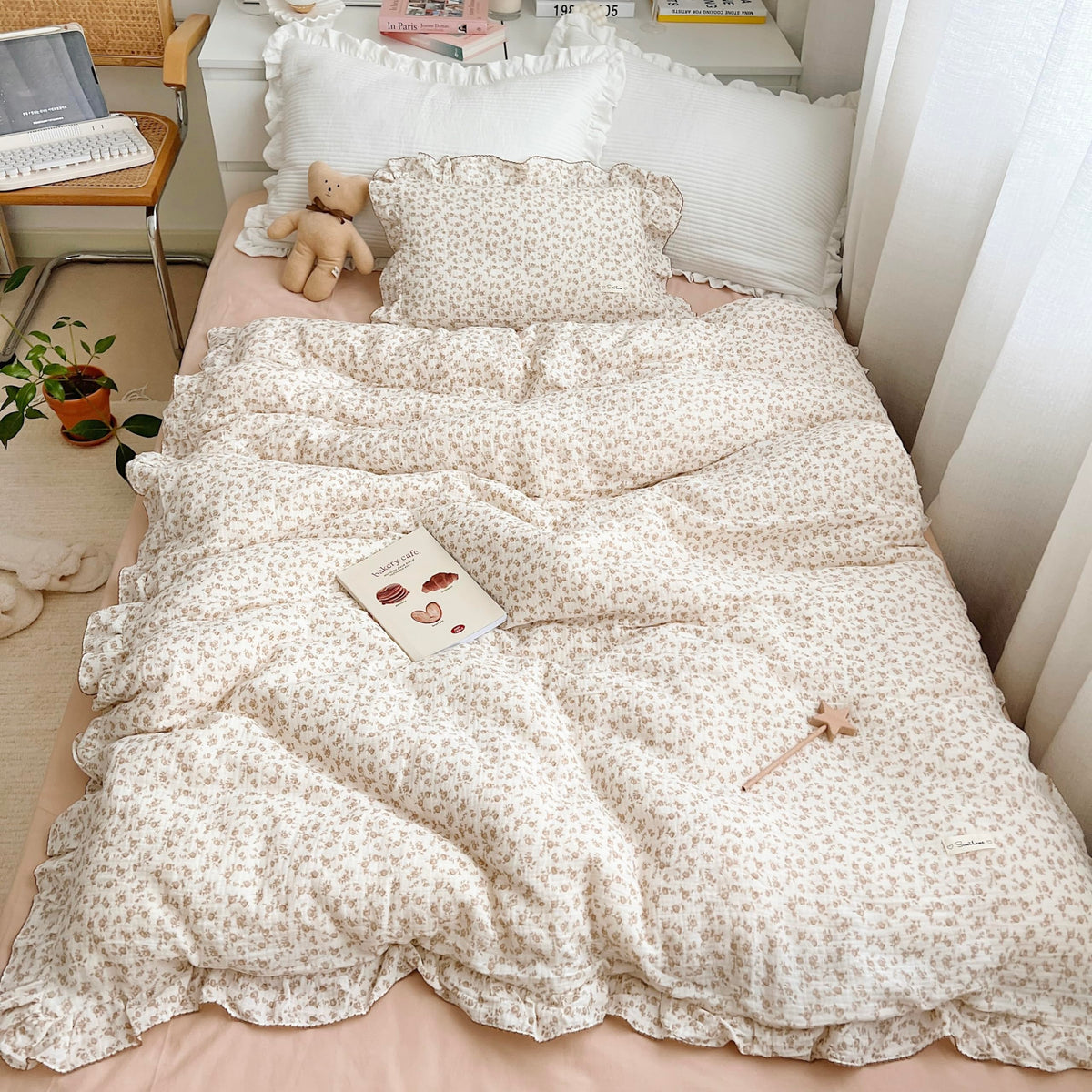 Aojim Muslin Kids Duvet Cover With Ruffled Design, 1 Piece Pure Cotton Toddler Comforter Cover 2-Layer Gauze 47X59', Camellia P