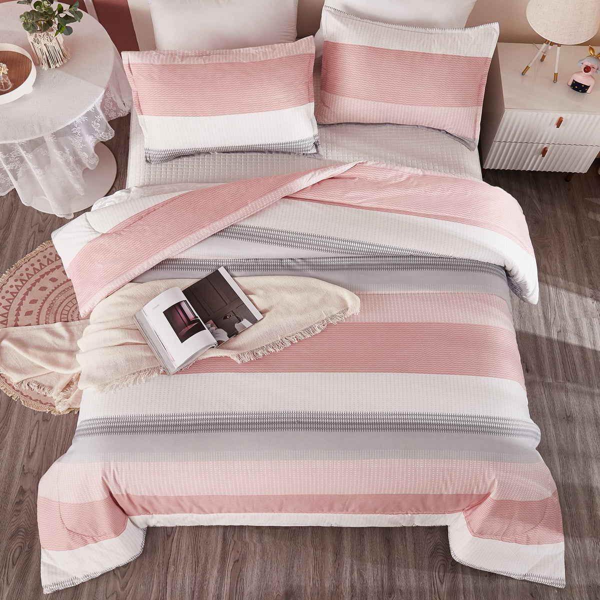 Litanika Pink Comforter Set Queen, 3 Pieces Girls Women Blush White Colorblock Lightweight Bedding Set & Collections