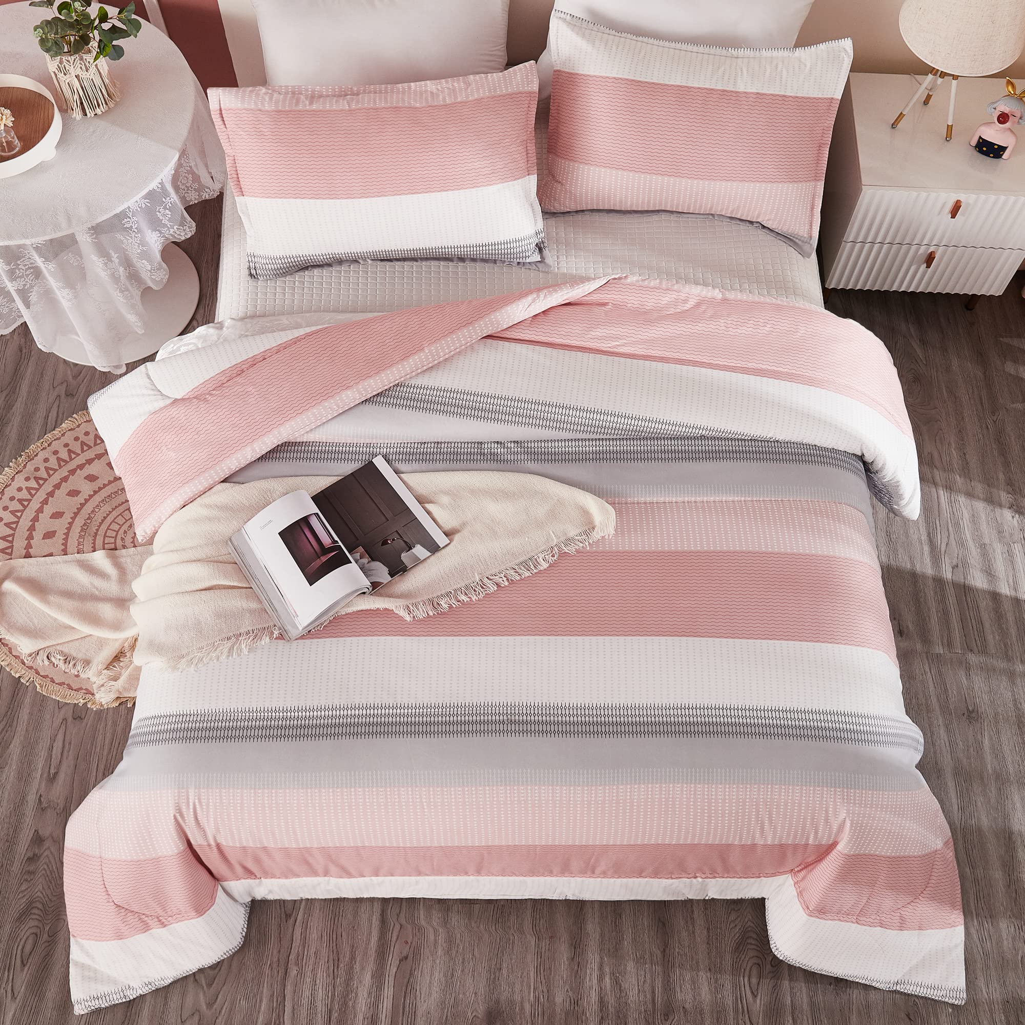 Litanika Pink California King Comforter Set - 3 Pieces Blush Cal King Oversized Lightweight Summer Colorblock Stripe Bedding Set