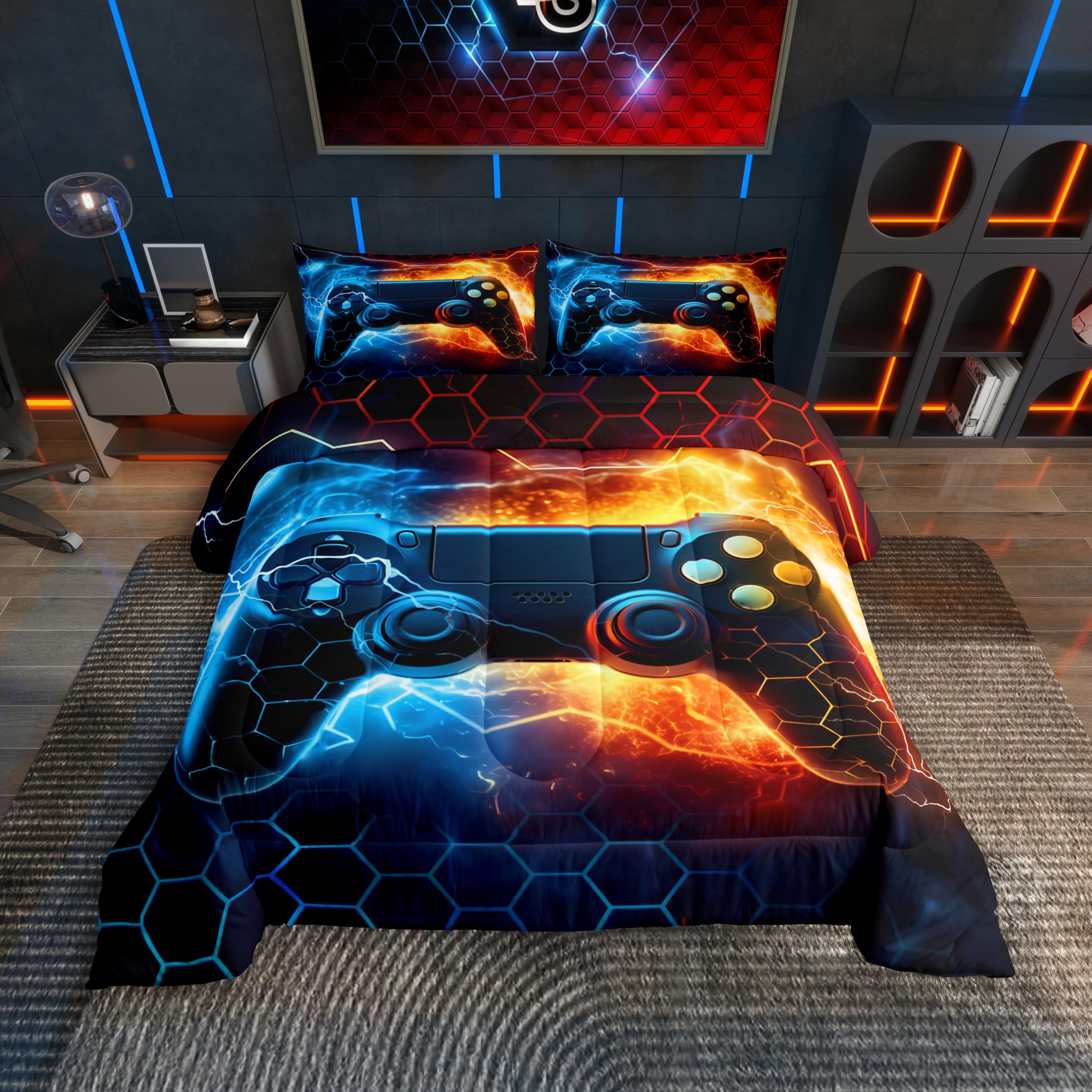 Feelyou Kids Boys Blue Red Gamer Comforter Set Queen Size, Honeycomb Gaming Comforter for Lightning Gamepad Bedding Set Game Roo