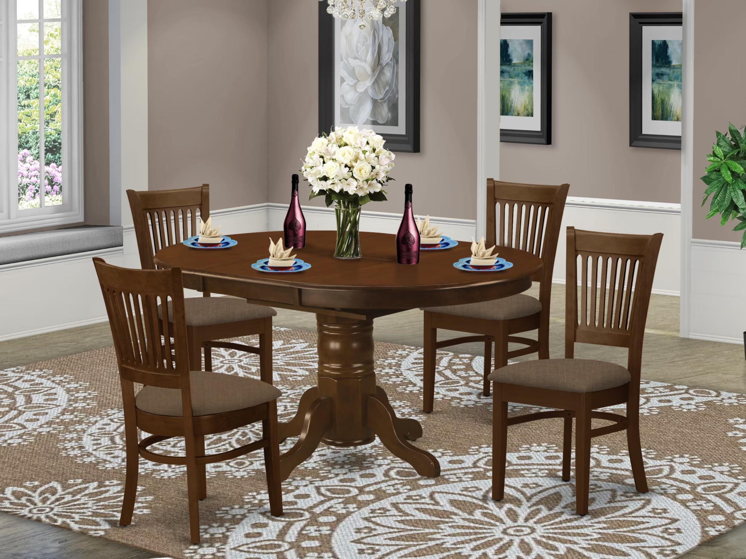 East West Furniture KEVA5-ESP-C 5 Piece Kitchen Table & Chairs Set Includes an Oval Dining Room Table with Butterfly Leaf and 4 Linen Fabric Upholstered Chairs, 42x60 Inch, Espresso
