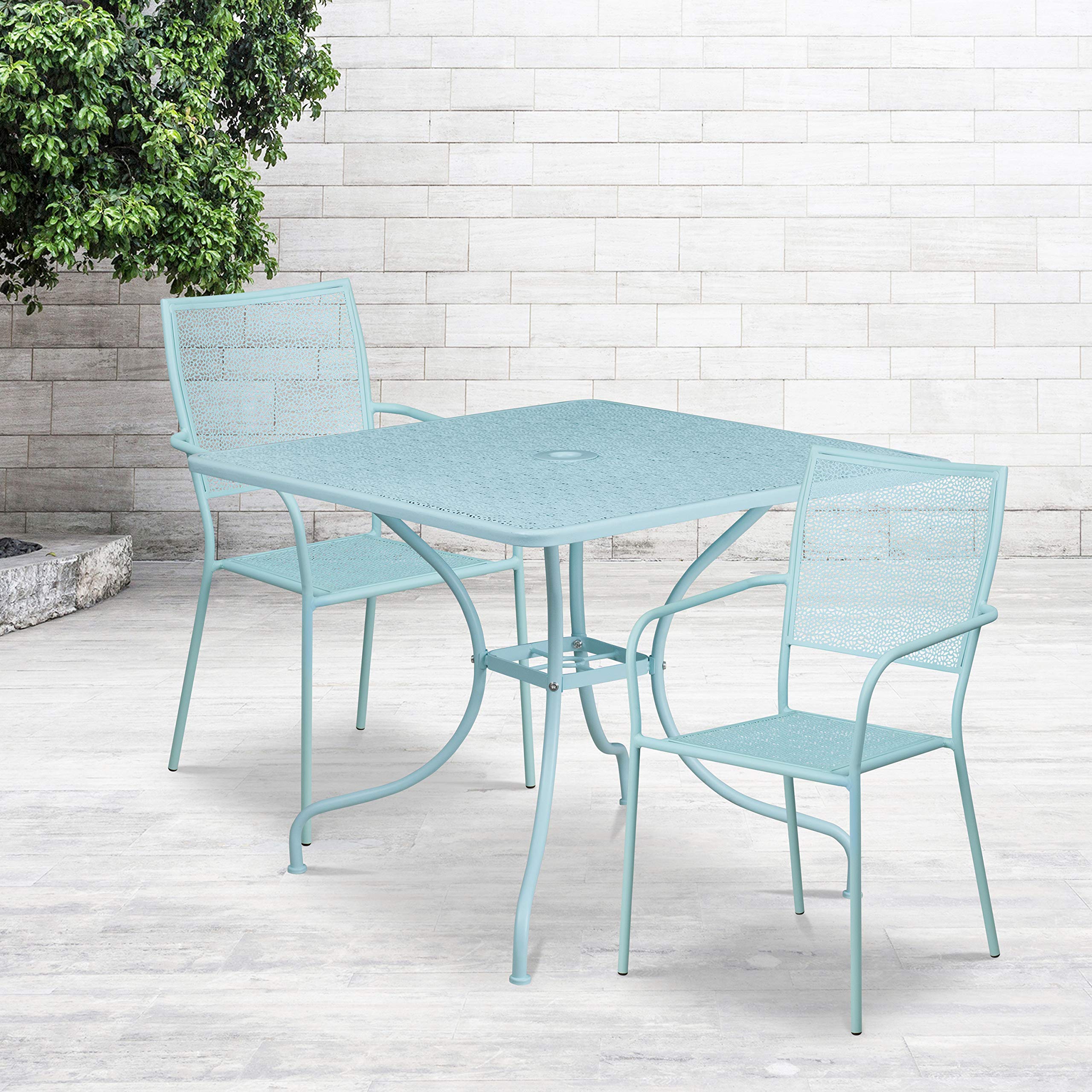 Flash Furniture Oia Commercial Grade 28 Square Sky Blue Indoor-Outdoor Steel Patio Table Set with 2 Square Back Chairs