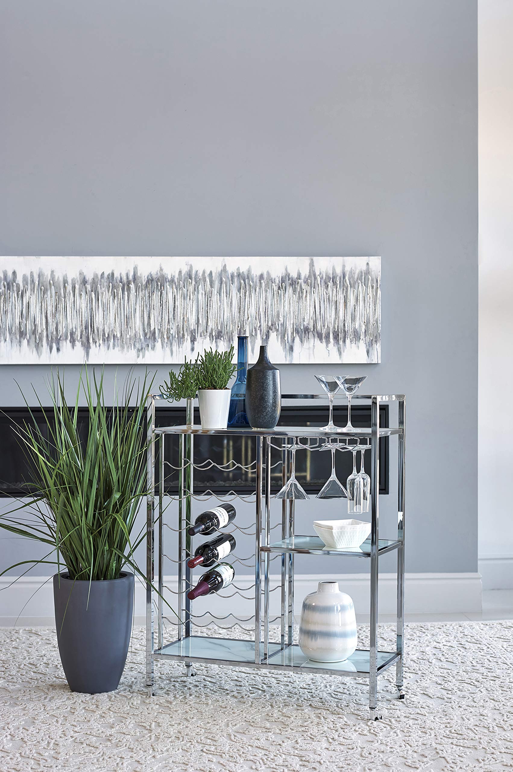 Coaster Furniture Modern Contemporary 3 Shelf Serving Bar Cart Trolley Carrara Marble Pattern Tempered Glass Caster Wheels Wine Bottle Stemware Rack Chrome 181370