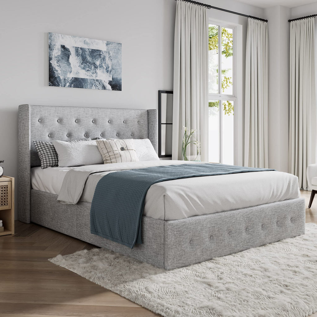 Sha Cerlin Full Size Lift Up Storage Bed/Button Tufted Wingback Headboard/Hydraulic Storage/Upholstered Platform Bed Frame/No Box Spring Needed/Wood Slats Support/Light Grey