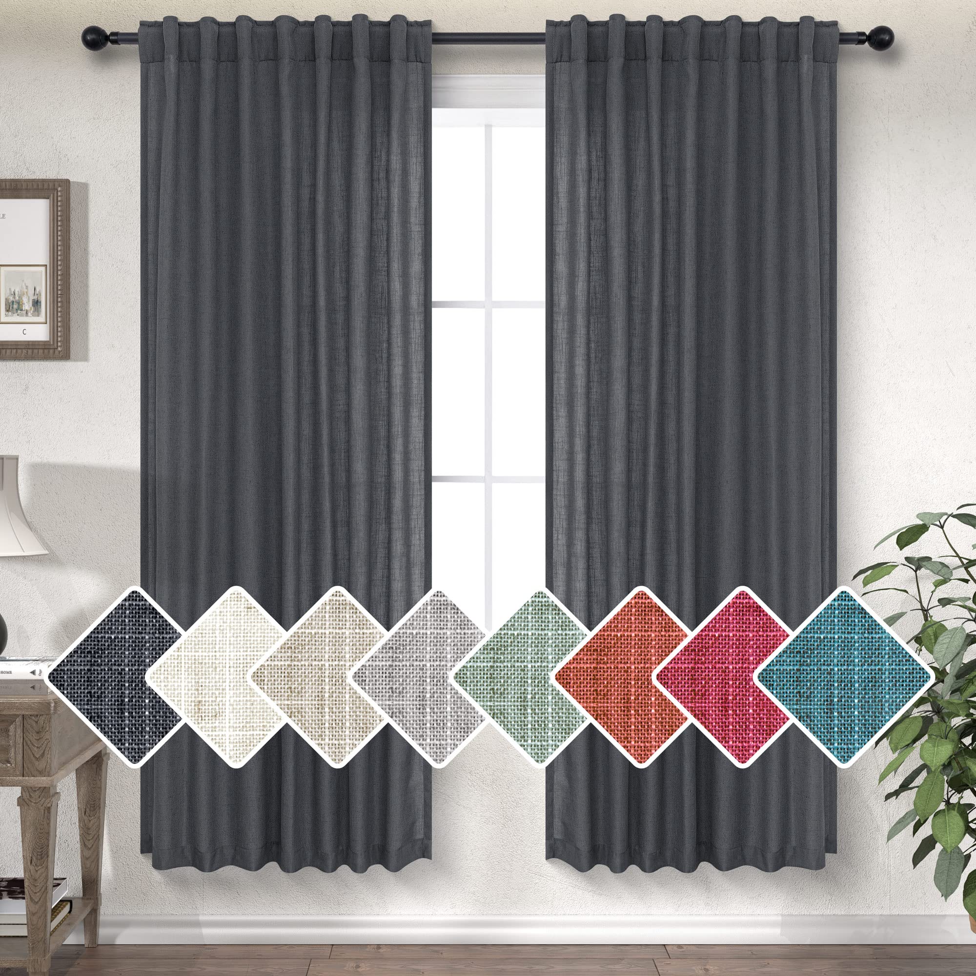 Charcoal Grey Curtains 63 Inch Length For Boys Bedroom 2 Panels Back Tab Pocket Lightweight Airy Light Filtering Semi Sheer Dark