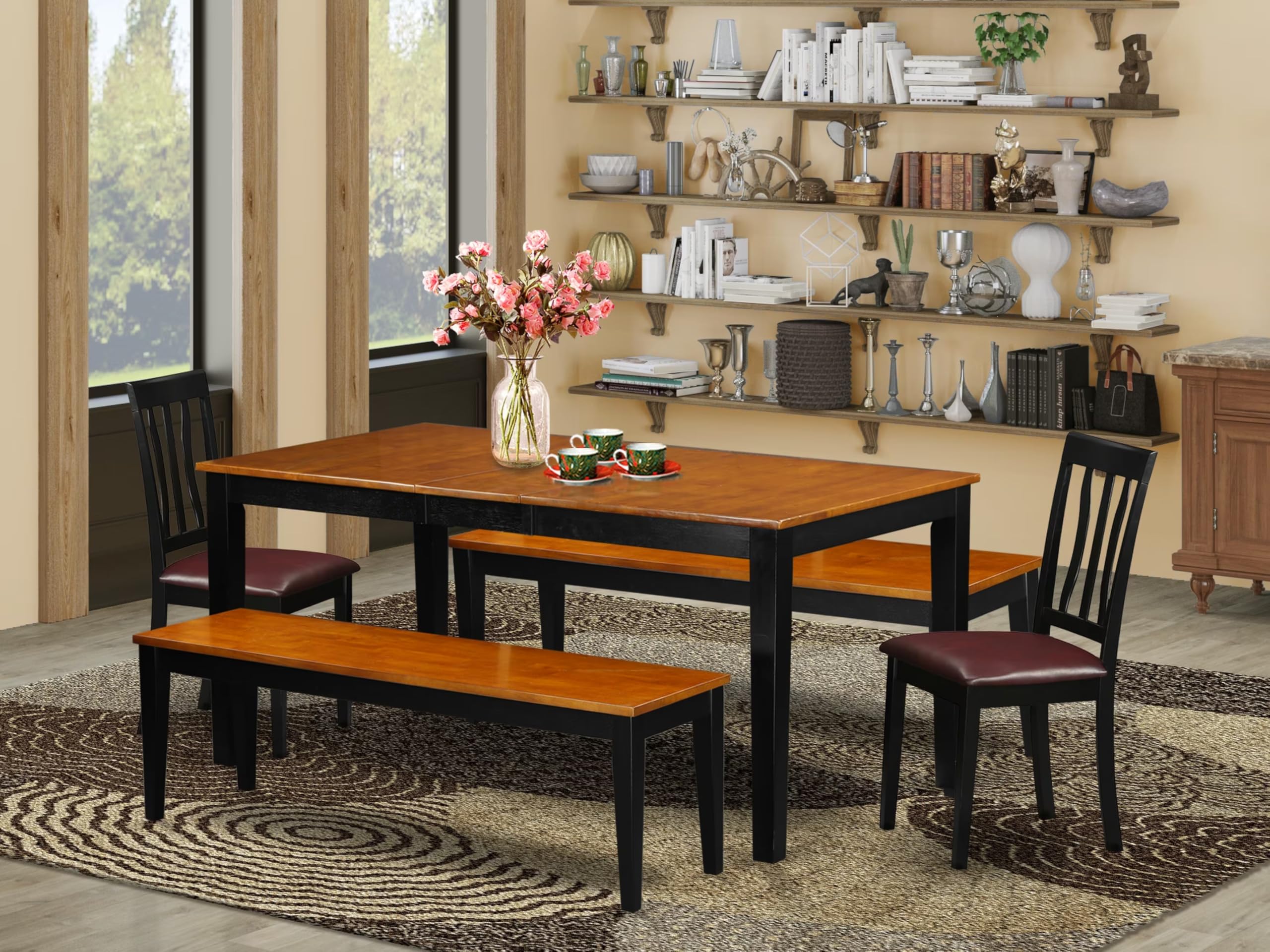 East West Furniture Nian5N-Bch-Lc 5 Piece Dining Room Set Includes A Rectangle Kitchen Table With Butterfly Leaf And 2 Faux Leather Dining Chairs With 2 Benches, 36X66 Inch, Black & Cherry