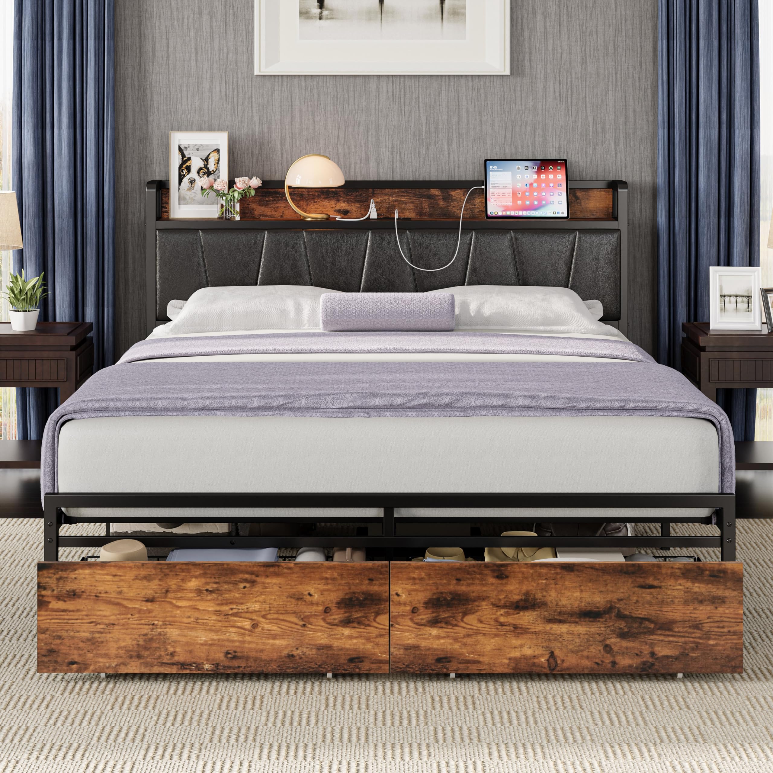 Likimio Queen Bed Frame, Storage Headboard With Charging Station, Platform Bed With Drawers, No Box Spring Needed, Easy Assembly, Vintage Brown And Black