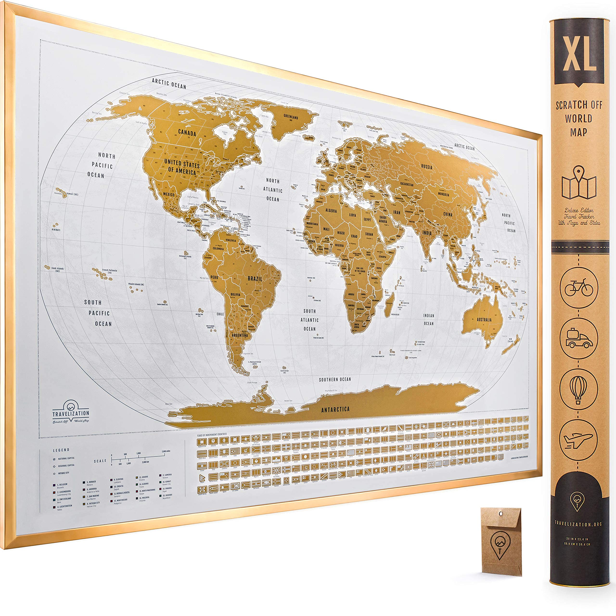 Xl Scratch Off Map Of The World With Flags - 36 X 24 Easy To Frame Scratch Off World Map Wall Art Poster With Us States & Flags