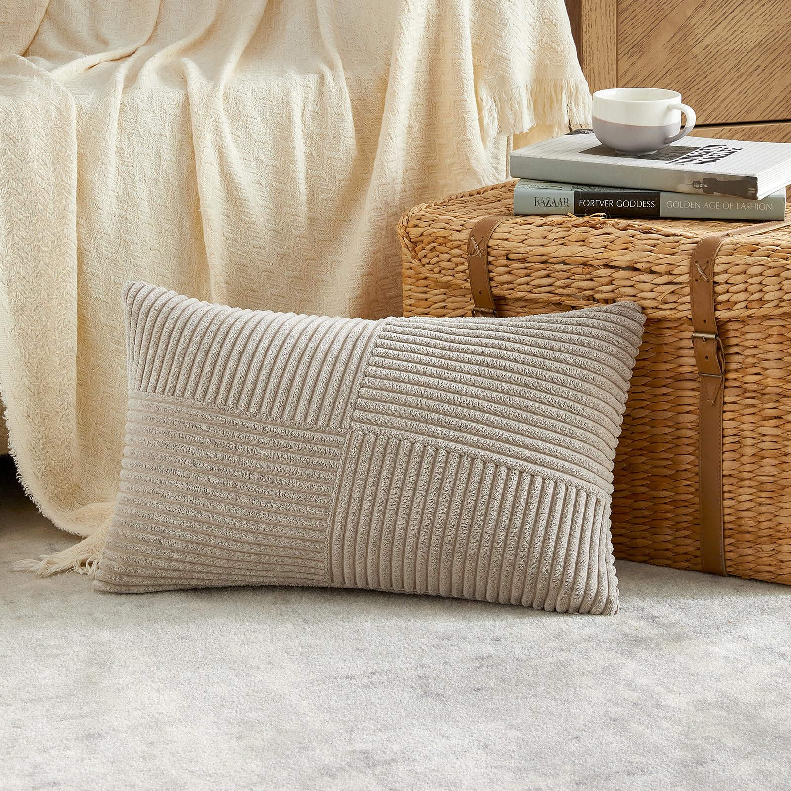 Fancy Homi Set Of 2 Taupe Boho Lumbar Rectangle Decorative Throw Pillow Covers 12X20 Inch With Diagonally Pattern For Couch Bed
