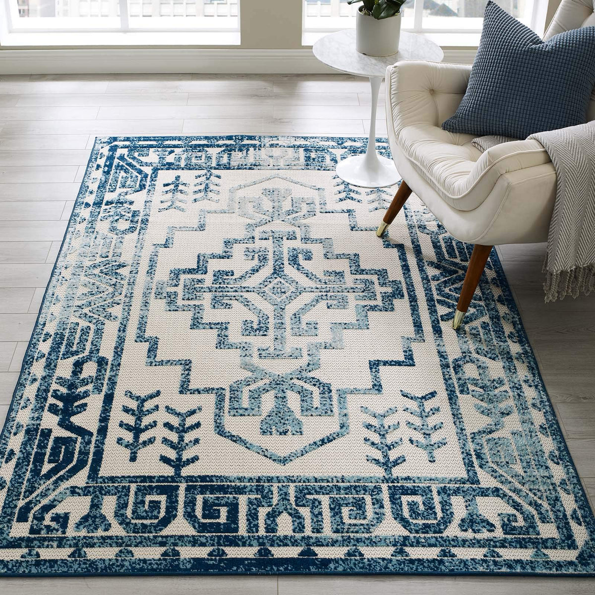 Modway Reflect Distressed Geometric Southwestern Aztec 5X8 Indoor And Outdoor Area Rug, 5 Ft X 8 Ft, Nyssa/Ivory And Blue