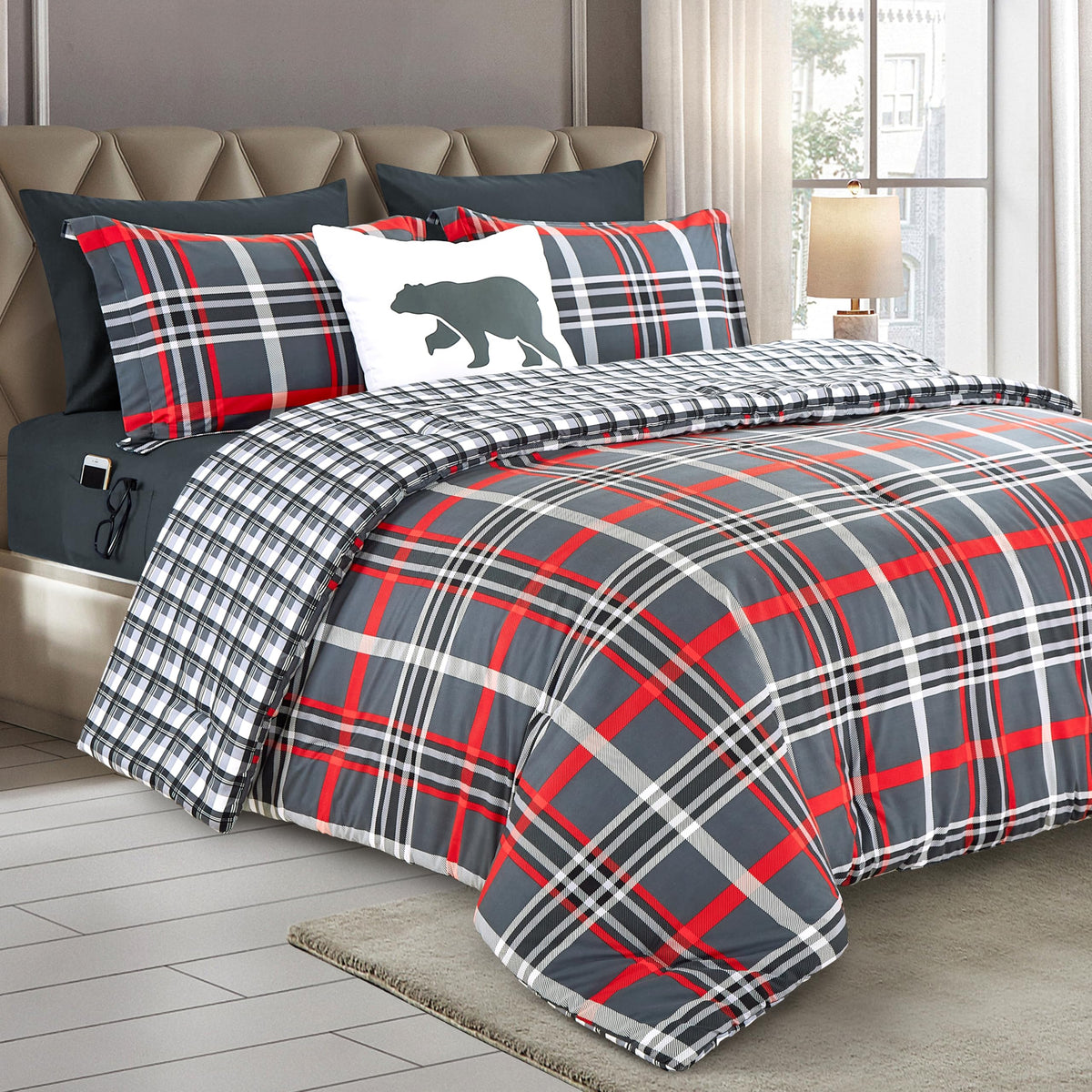 Elegant Comfort 8-Piece Lodge Plaid Reversible Comforter Set - All Season Bed In A Bag, 4-Piece Sheet Set Featuring Smart Pocket