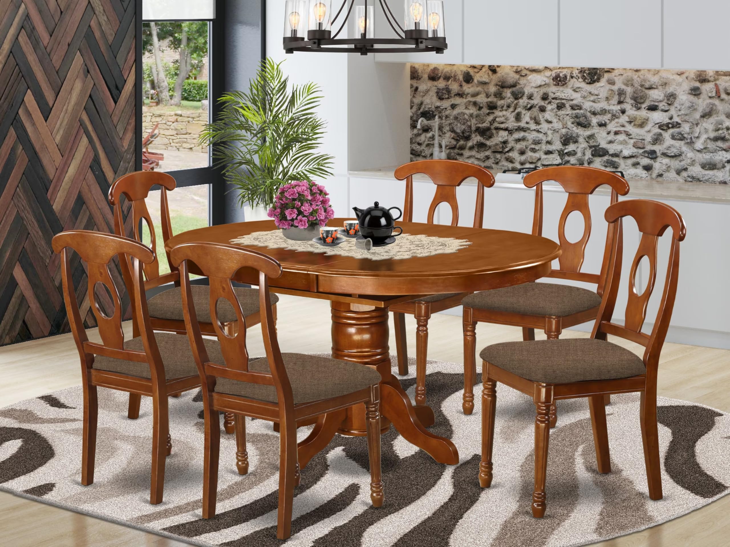 East West Furniture AVNA7-SBR-C 7 Piece Modern Dining Table Set Consist of an Oval Wooden Table with Butterfly Leaf and 6 Linen Fabric Upholstered Dining Chairs, 42x60 Inch, Saddle Brown