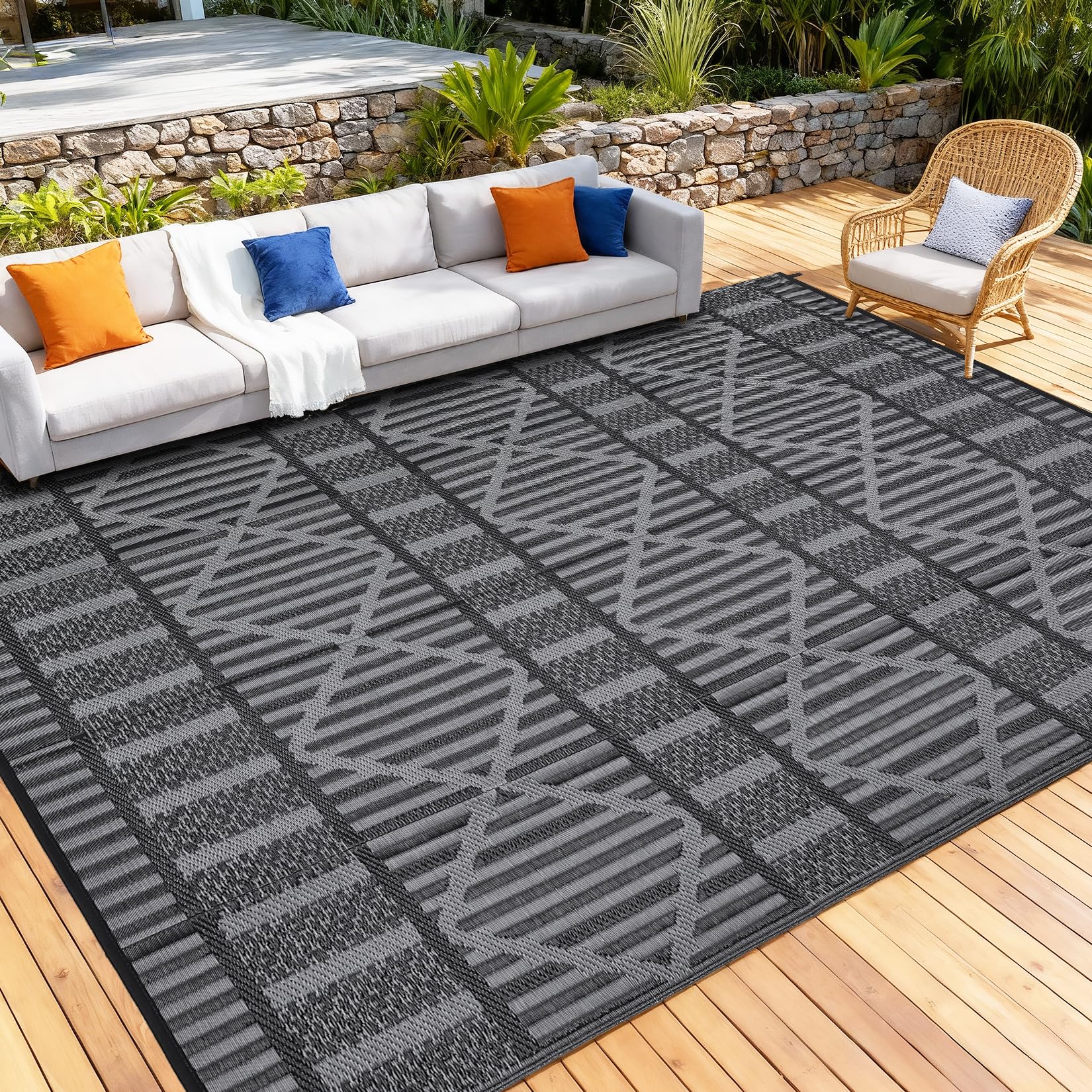 Garvee 9x12 Reversible Outdoor Rug for Patio & Deck, Waterproof Camping Mat for RV, Backyard, Balcony, Porch, Lightweight Plasti