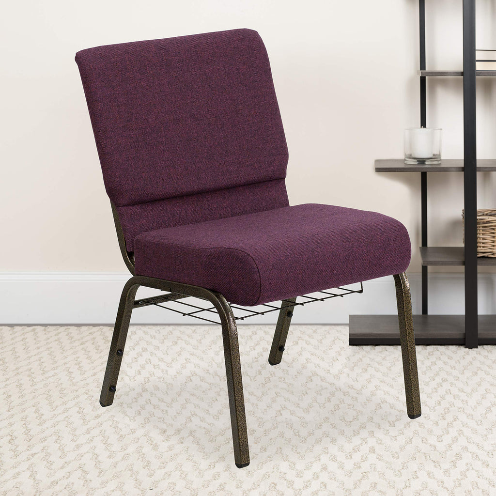 Flash Furniture Hercules Series 21''W Church Chair In Plum Fabric With Cup Book Rack - Gold Vein Frame